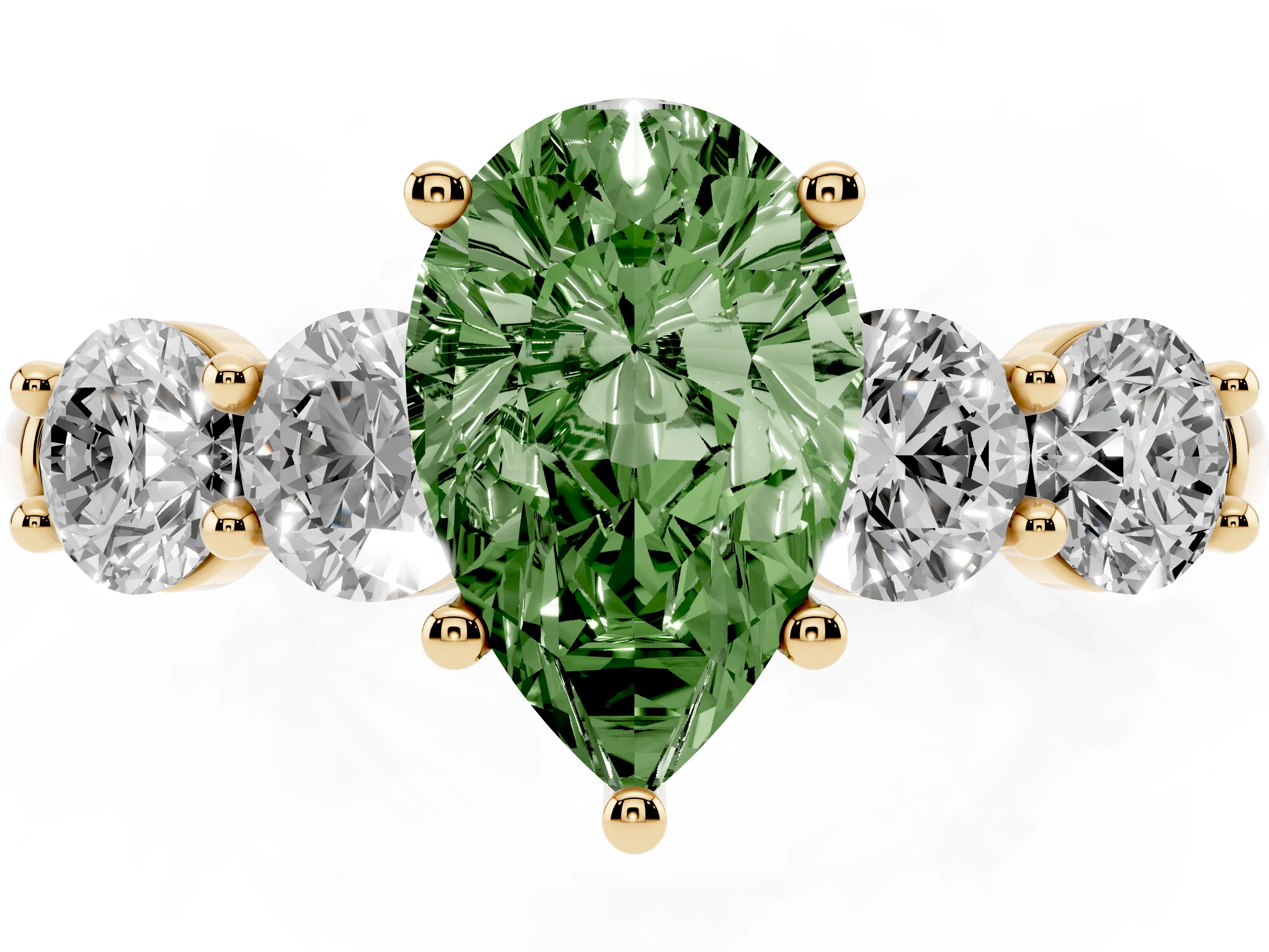 Fancy Green Pear Cut Diamond Five-Stone Prong Set Ring Set in Yellow gold with Classic Band