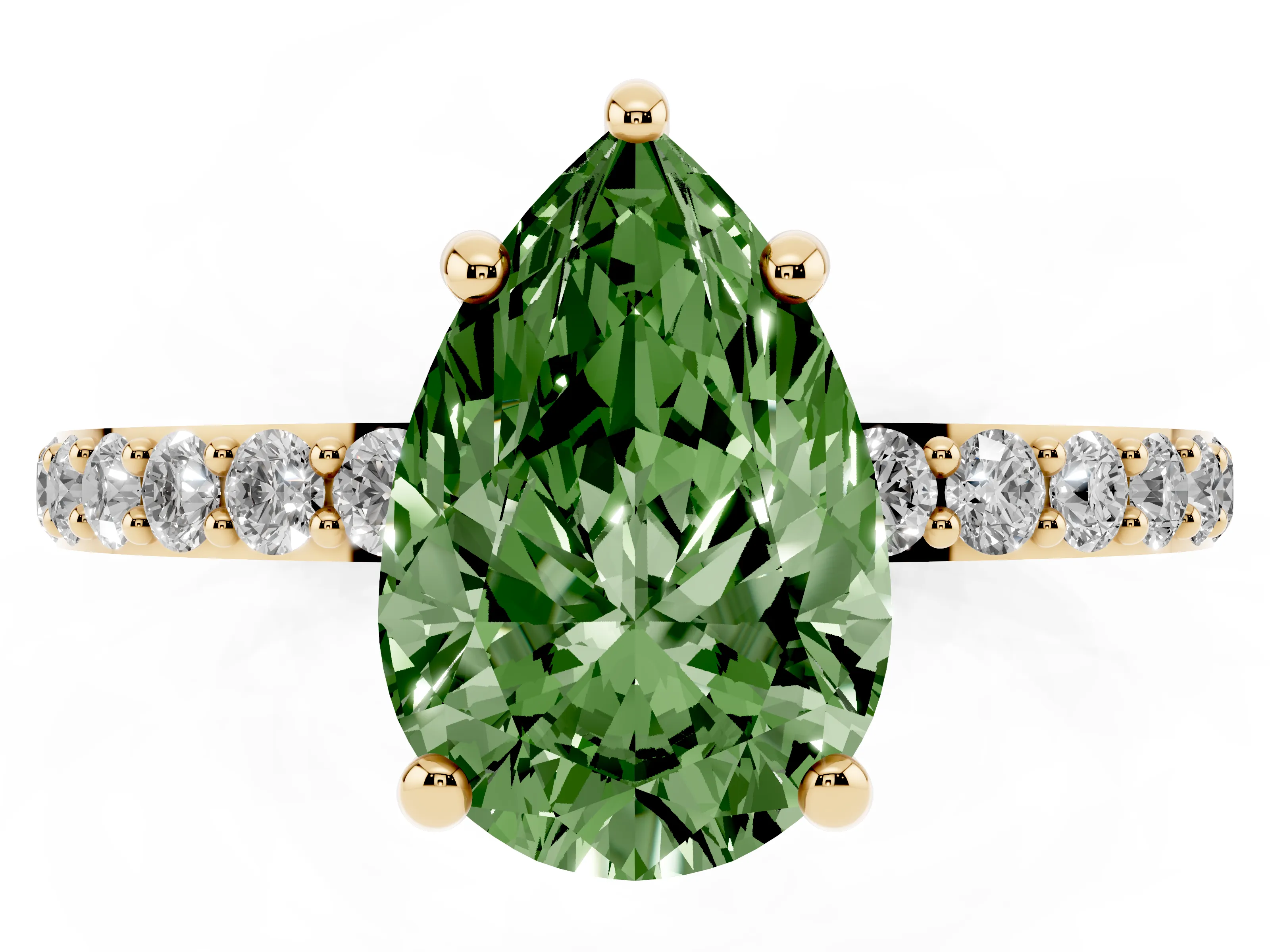 Fancy Green Pear Cut Diamond Solitaire Ring Set in Yellow gold with Round Pavé Band and Prong Setting
