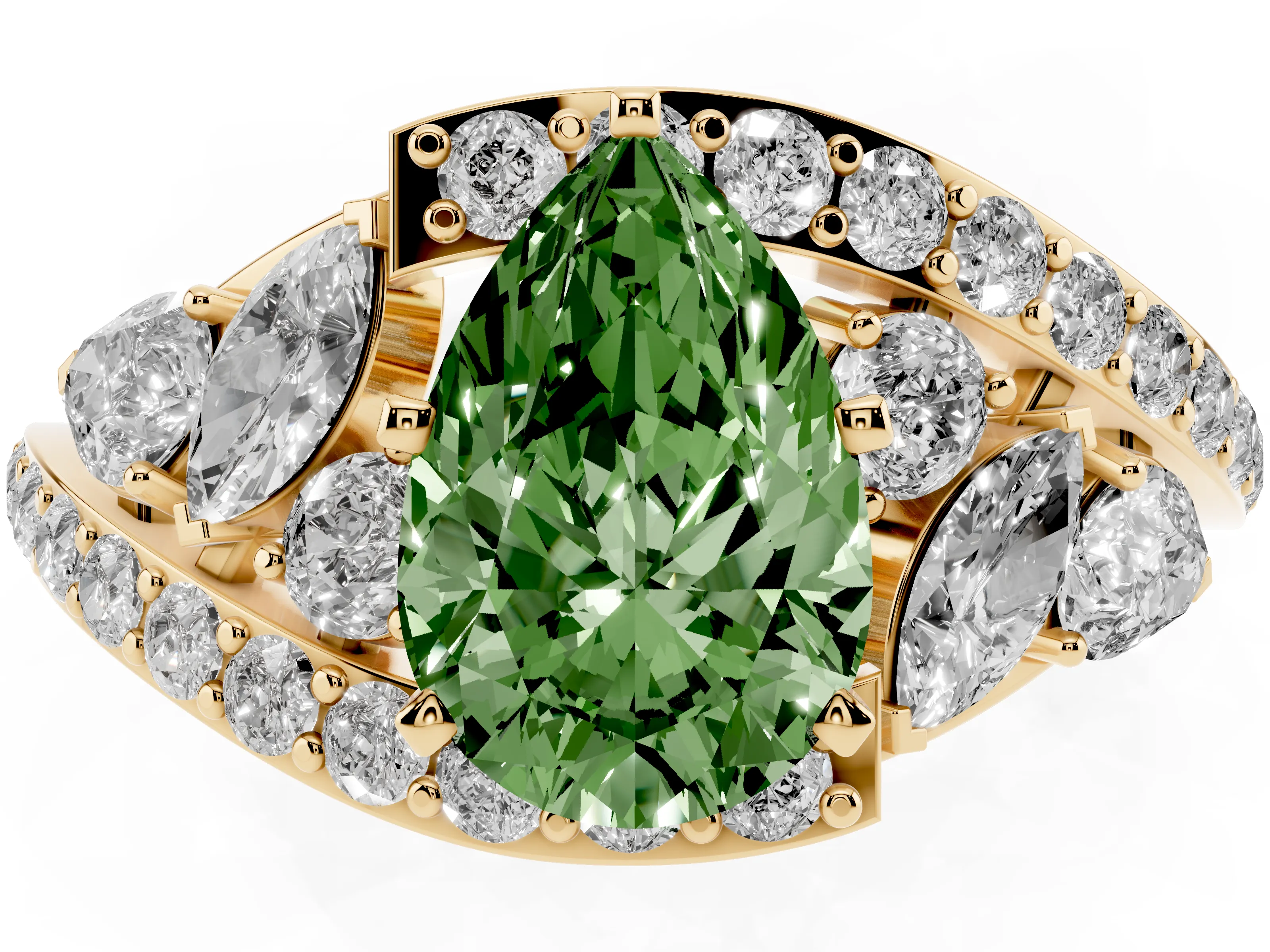 Fancy Green Pear Cut Diamond Halo Ring Set in Yellow gold with Marquise and Pavé Band in Prong Setting