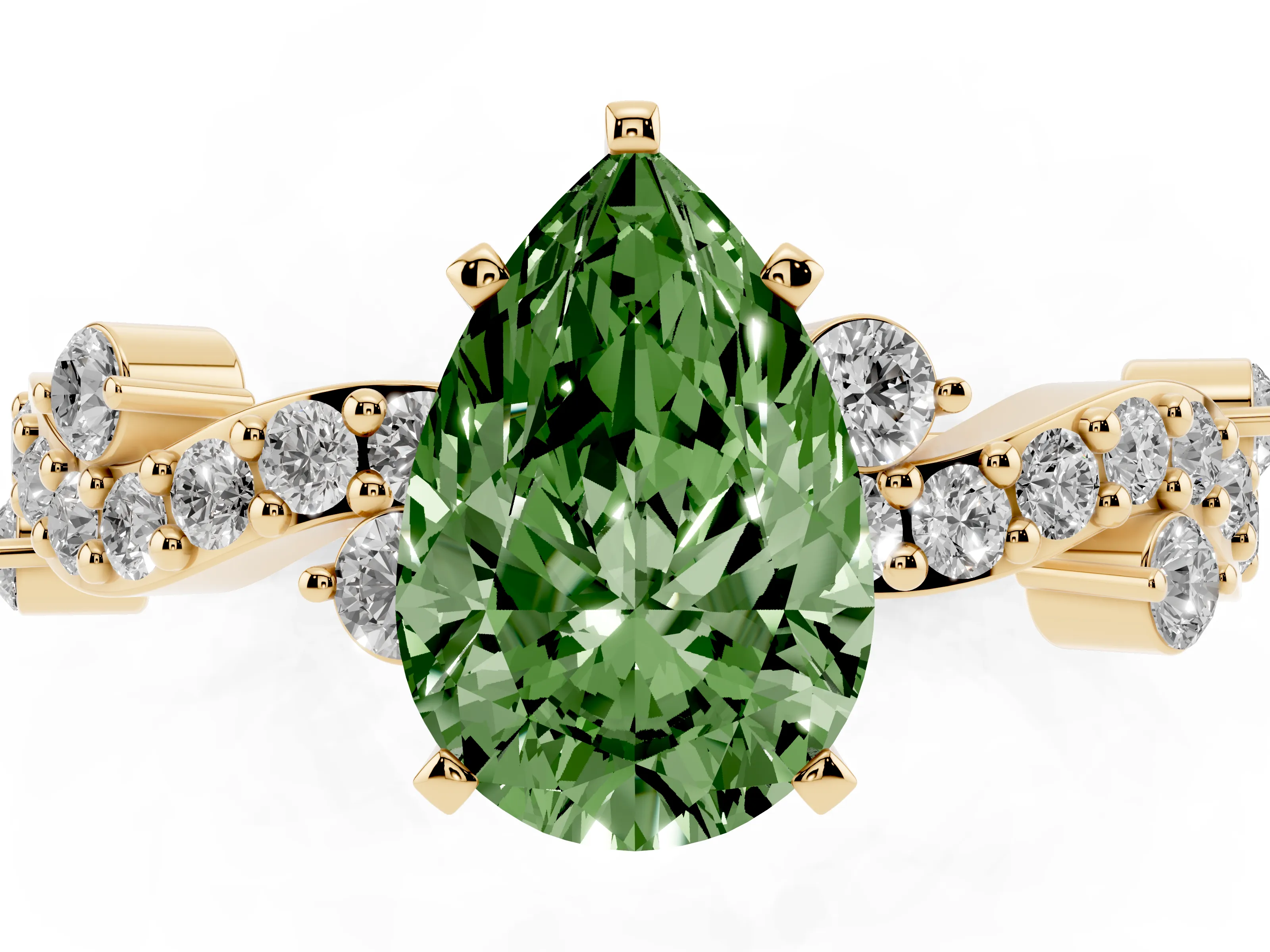 Fancy Green Pear Cut Diamond Solitaire Twisted Band Set in Yellow gold with Pavé Setting