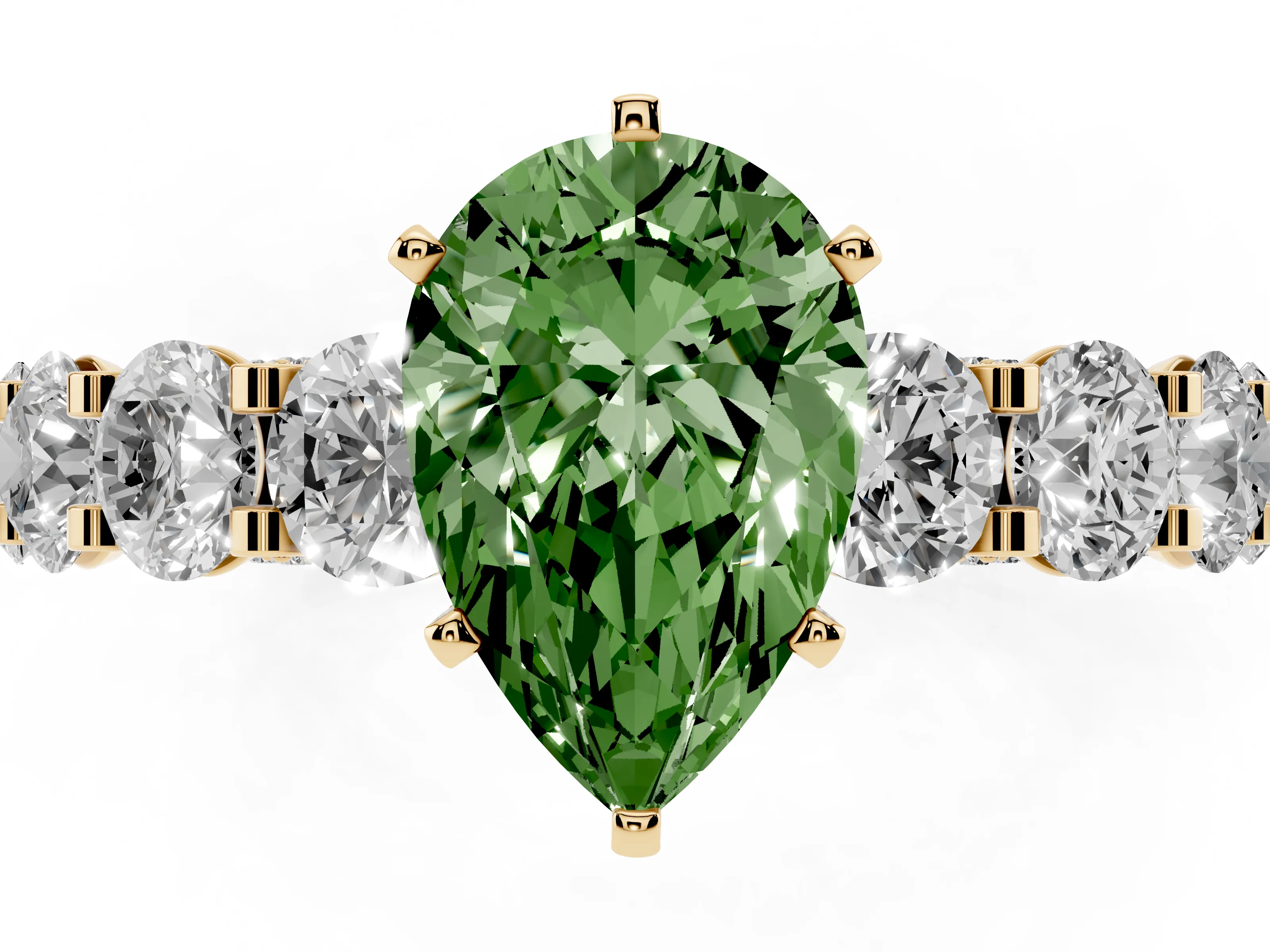 Fancy Green Pear Cut Diamond Side Stone Ring Set in Yellow gold with Alternating Round and Oval Side Stones