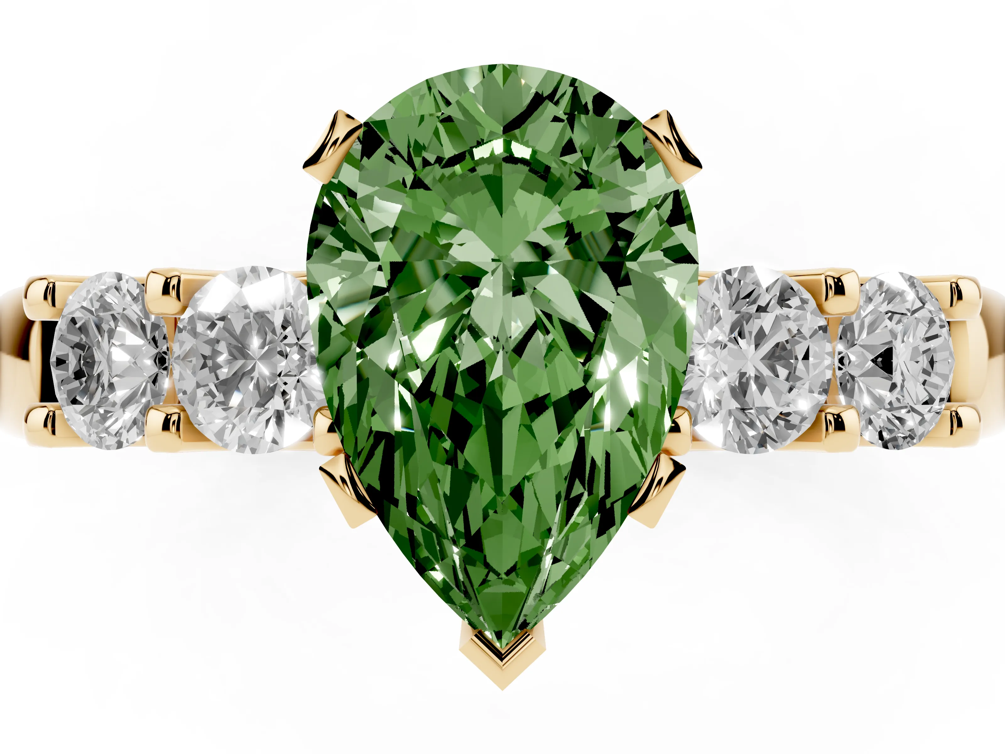 Fancy Green Pear Cut Diamond Five-Stone Prong Set Engagement Ring Set in Yellow gold with Channel Band
