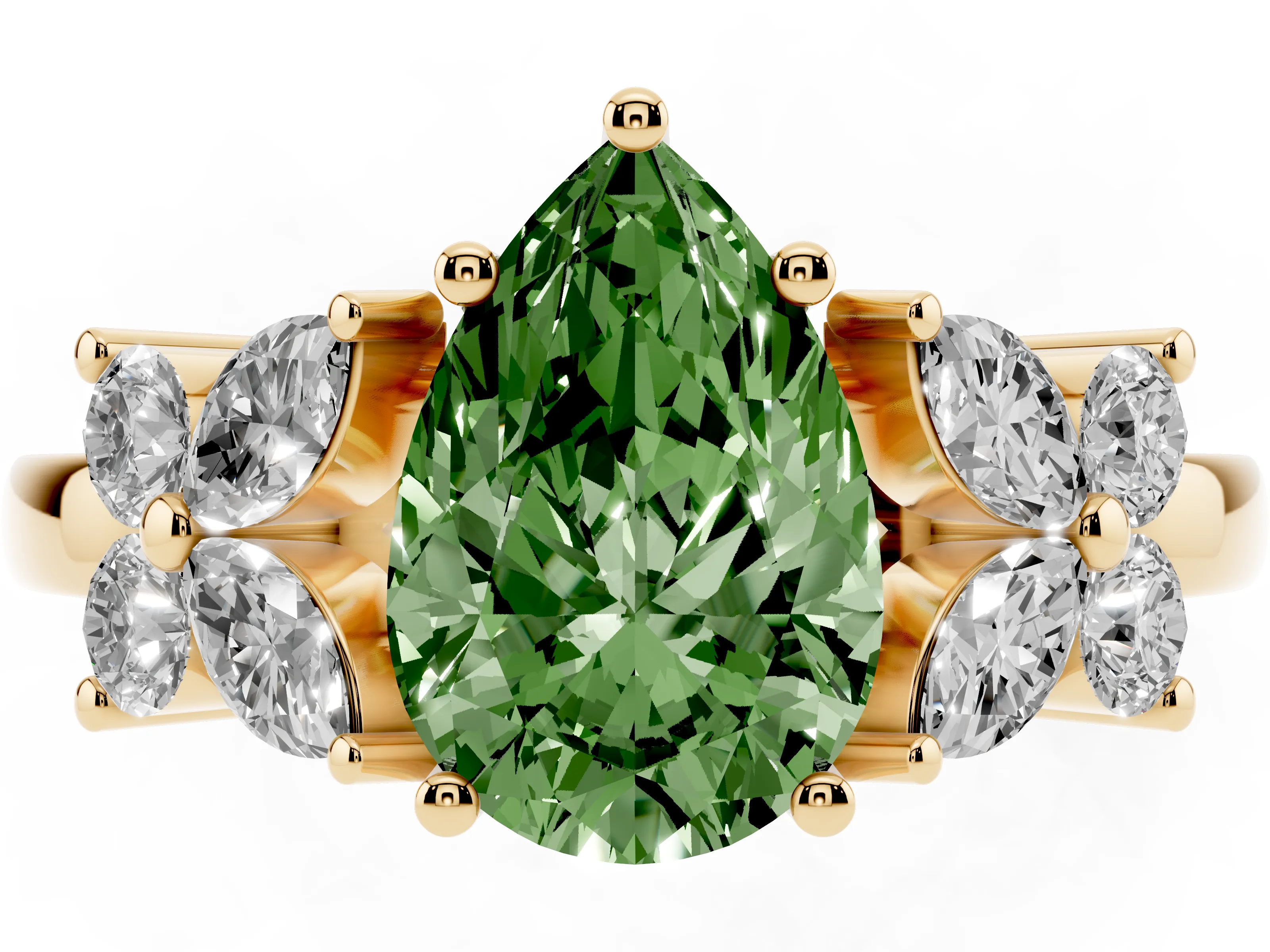 Fancy Green Pear Cut Diamond Floral Cluster Ring Set in Yellow gold with Marquise Petals and Prong Setting
