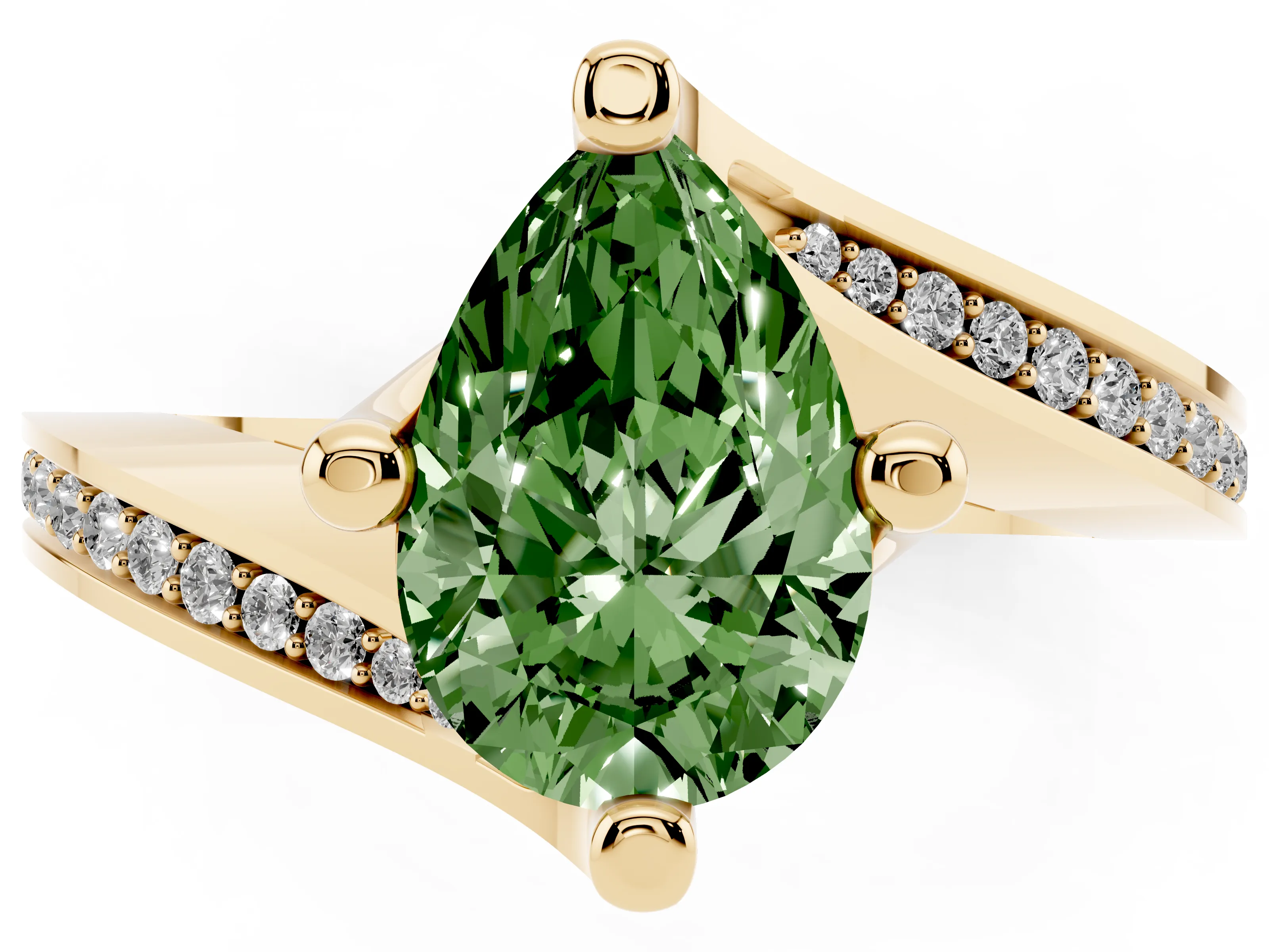 Fancy Green Pear Cut Diamond Solitaire Ring Set in Yellow gold with Intertwined Pavé Twist Band