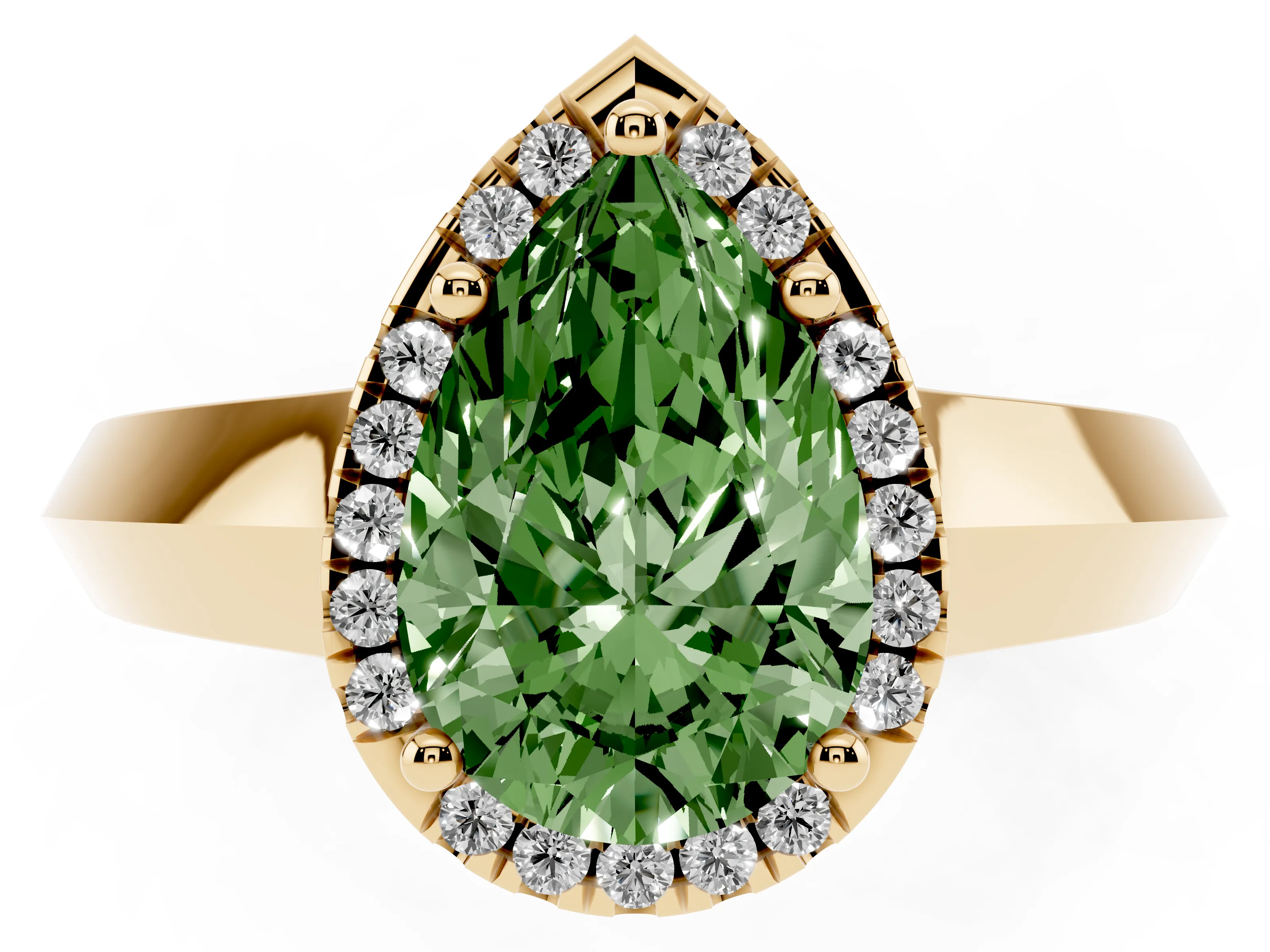 Fancy Green Pear Cut Diamond Halo Ring Set in Yellow gold with Cathedral Band and Prong Setting