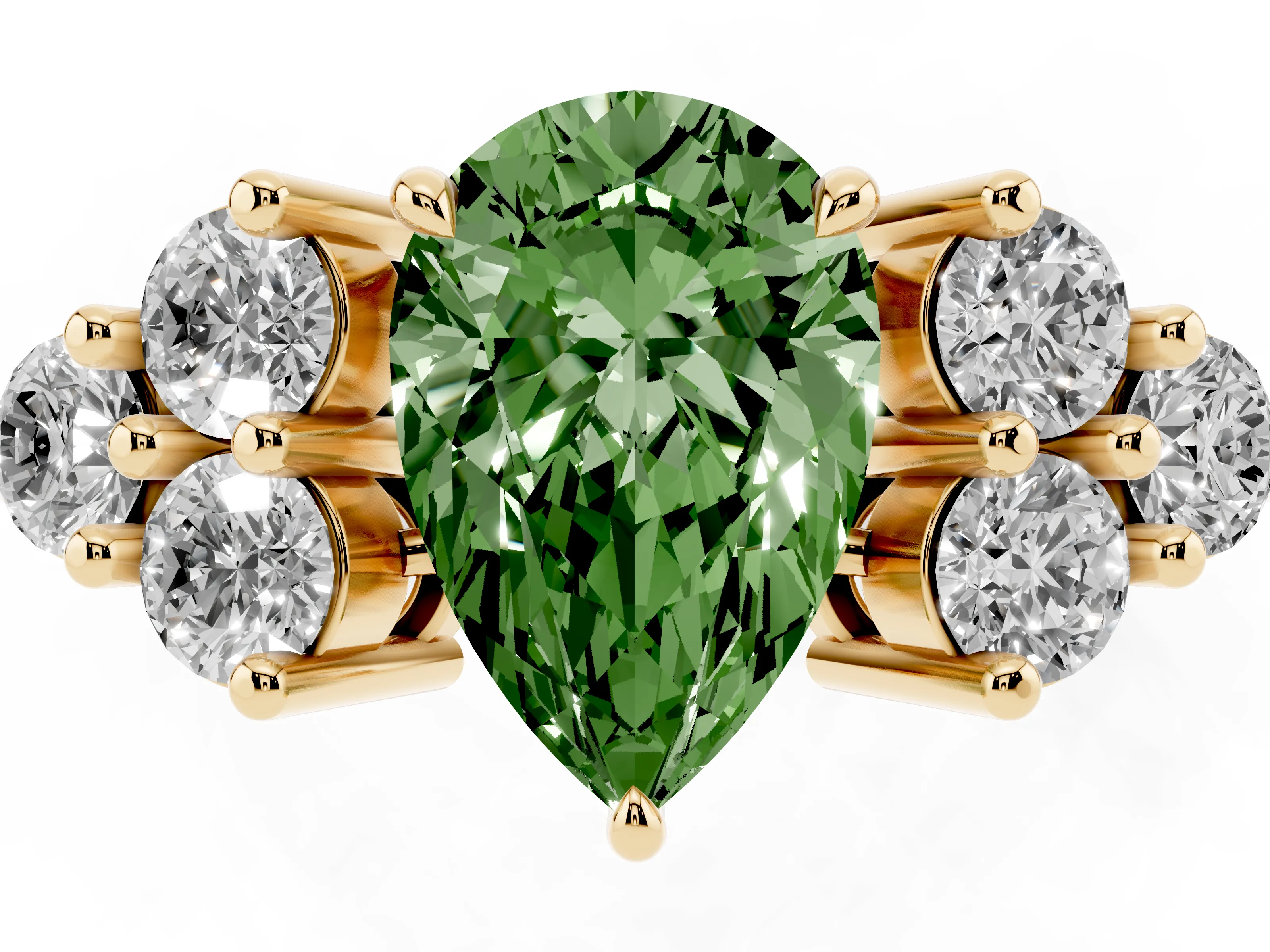 Fancy Green Pear Cut Diamond Solitaire Ring Set in Yellow gold with Cluster Accents on Each Side