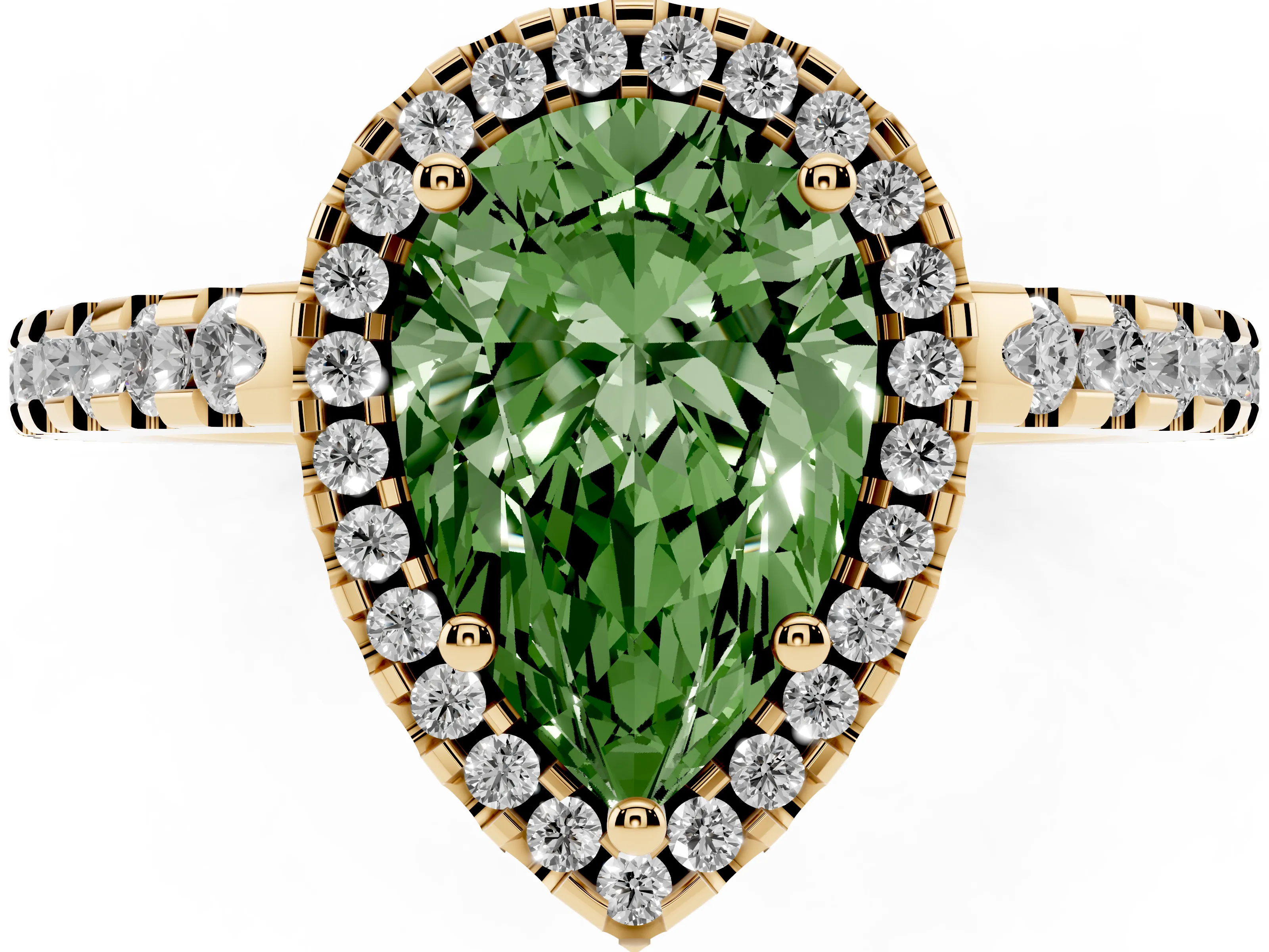 Fancy Green Pear Cut Diamond Halo Ring Set in Yellow gold with Pavé Shoulders and Halo-Framed Center