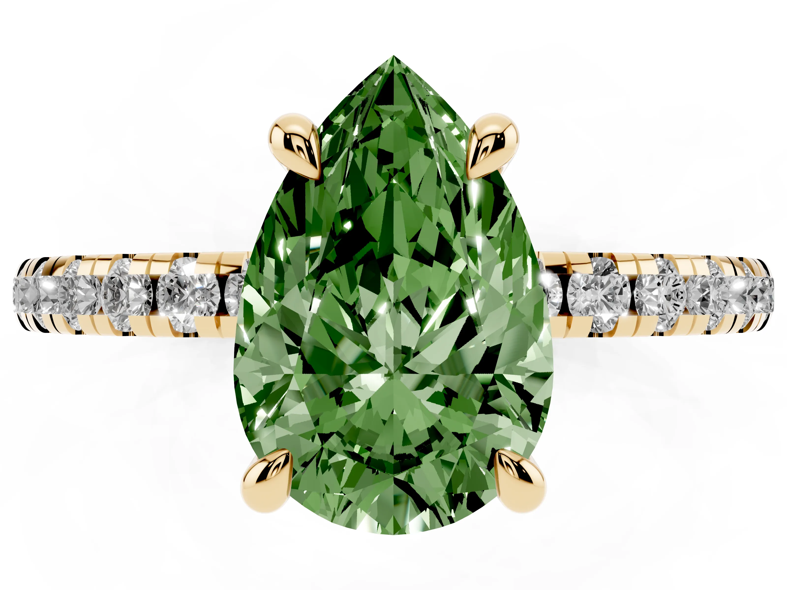 Fancy Green Pear Cut Diamond Brilliant Solitaire Ring Set in Yellow gold with Pavé Band and Prong Setting