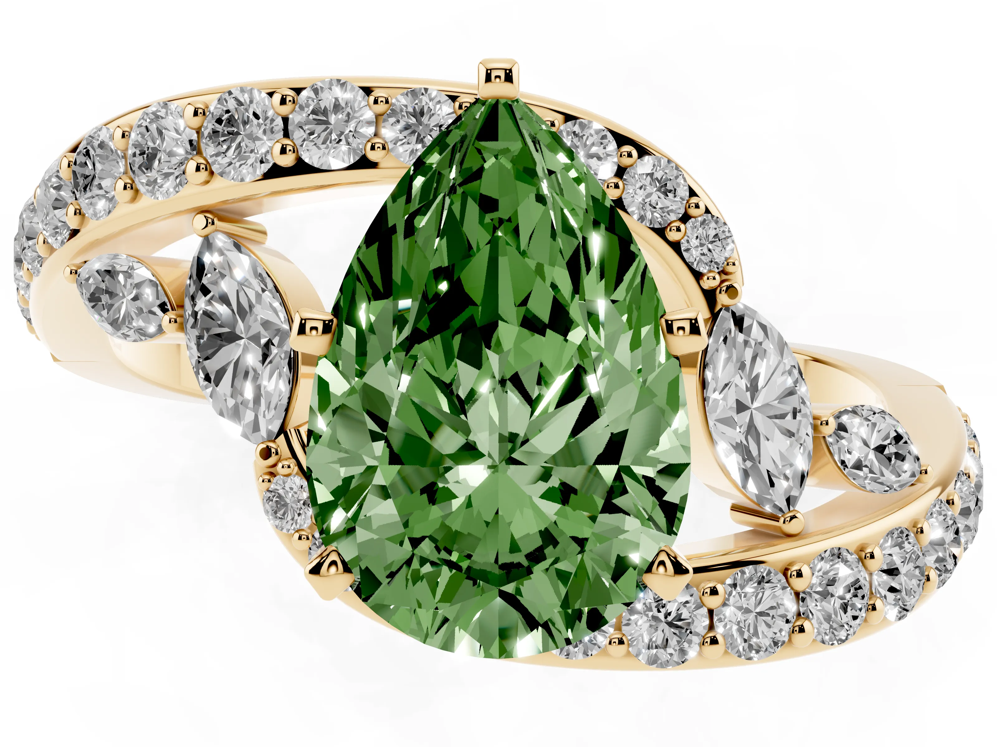 Fancy Green Pear Cut Diamond Solitaire Ring Set in Yellow gold with Pavé Twist Band and Secure Prong Setting