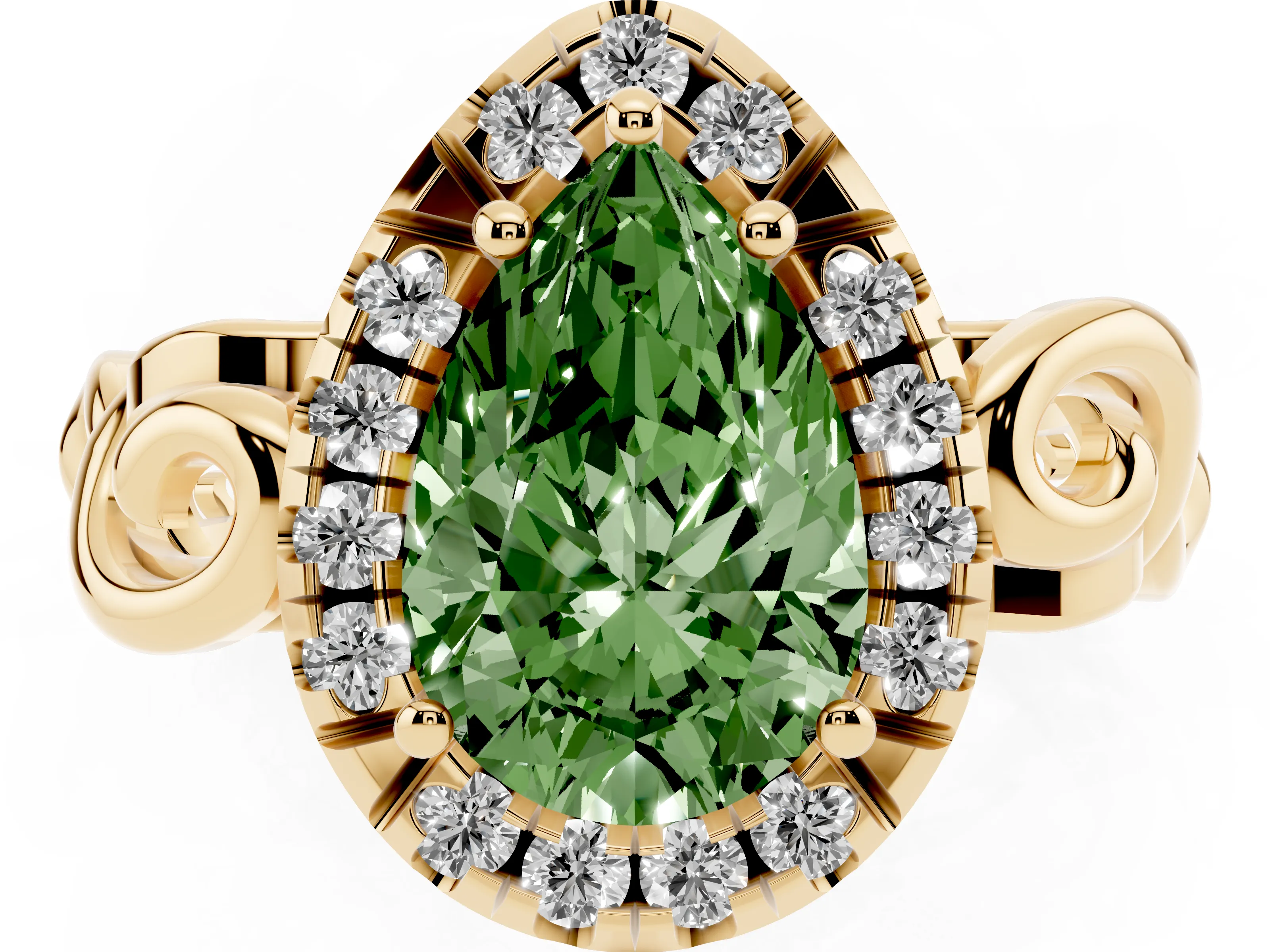 Fancy Green Pear Cut Diamond Halo Ring Set in Yellow gold with Scrollwork Band and Prong Setting
