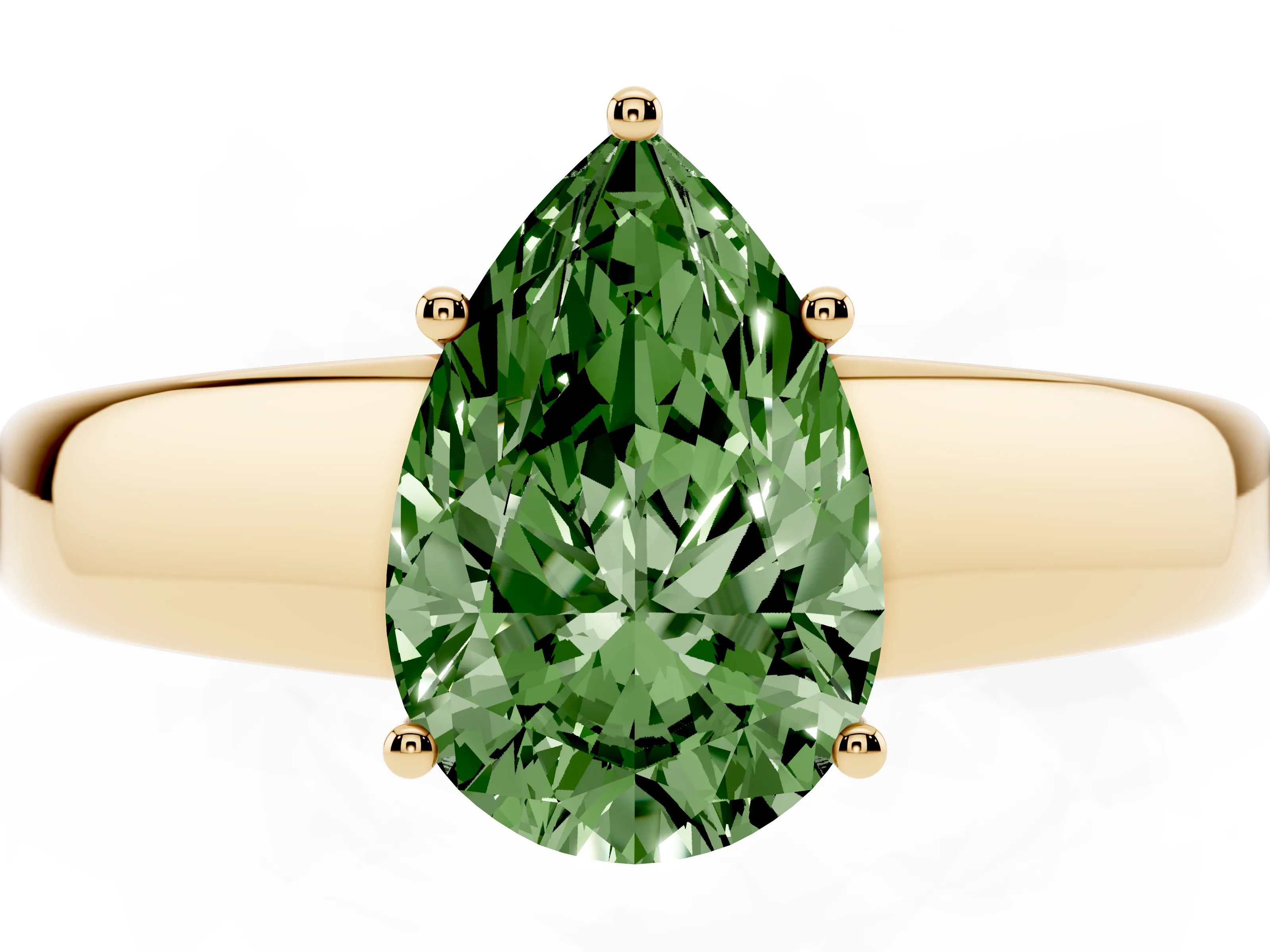 Fancy Green Pear Cut Diamond Solitaire Ring Set in Yellow gold with Tapered Band and Prong Setting