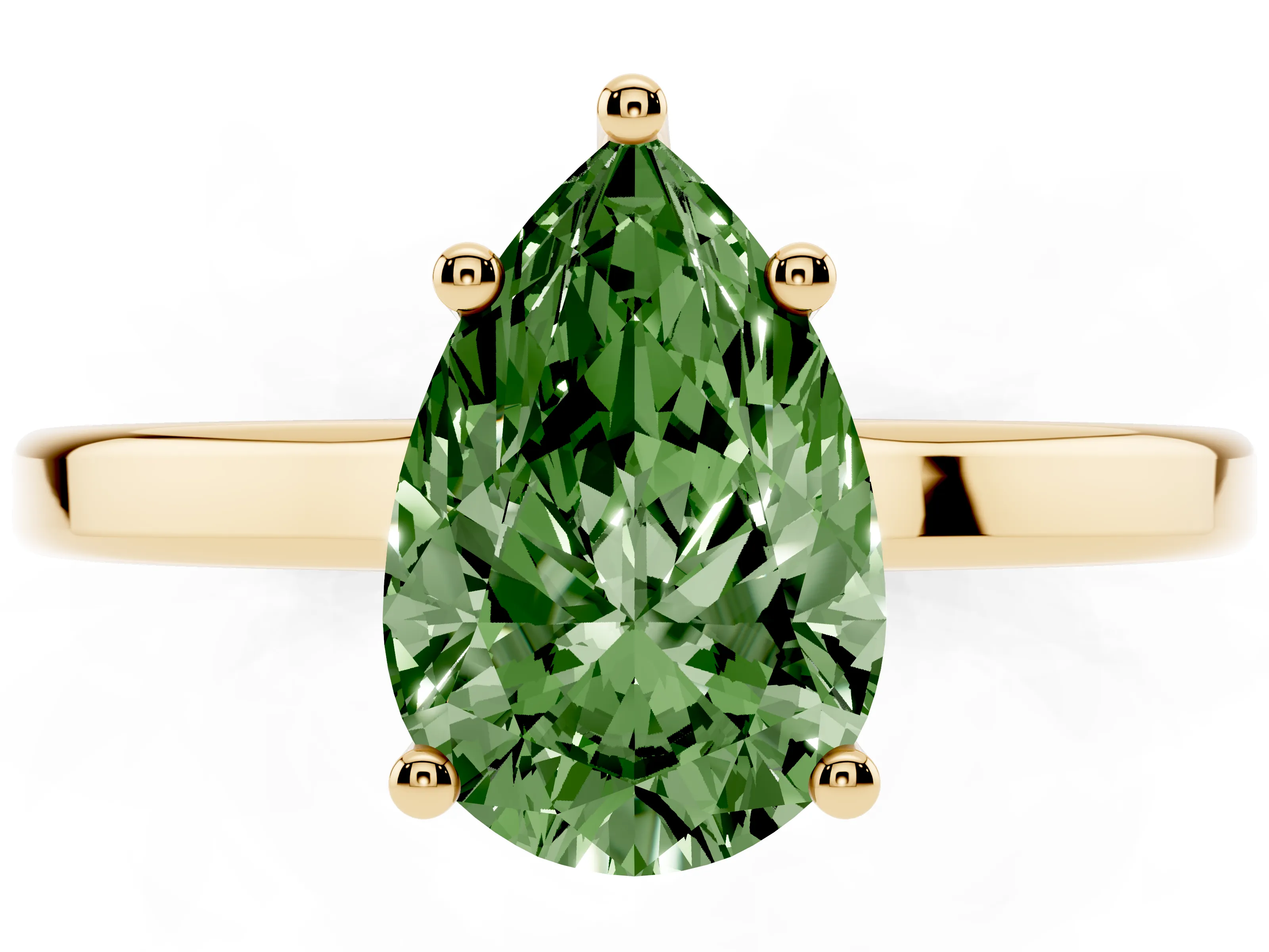 Fancy Green Pear Cut Diamond Solitaire Engagement Ring Set in Yellow gold with Prong Setting on a Plain Band
