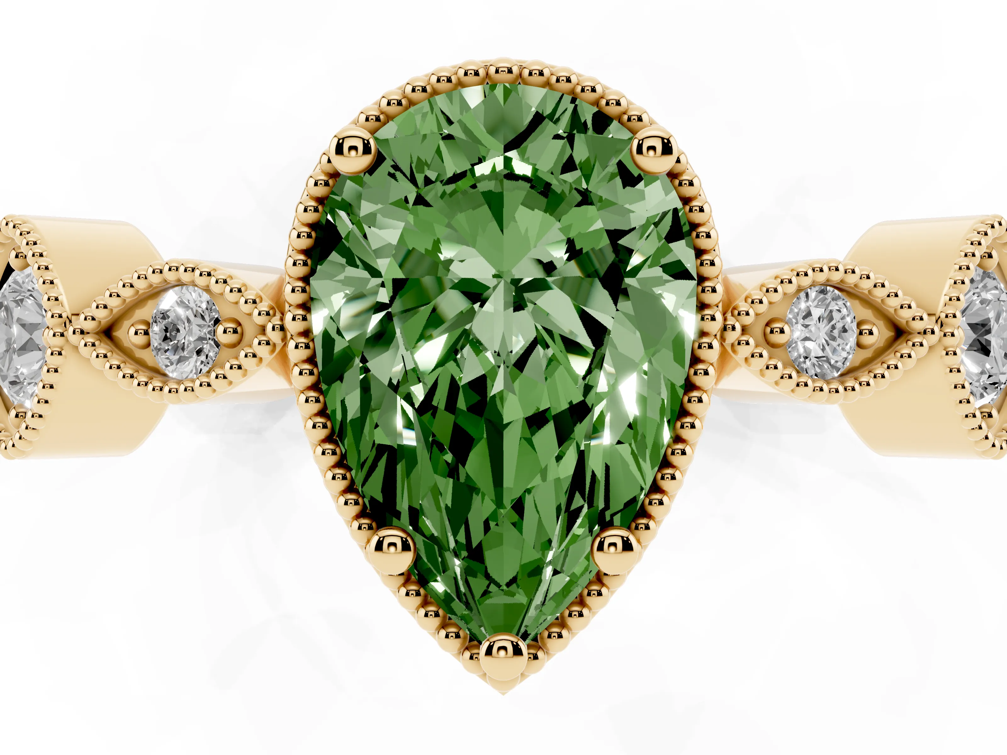 Fancy Green Pear Cut Diamond Vintage-Inspired Milgrain Ring Set in Yellow gold with Marquise Stations of Round Accents