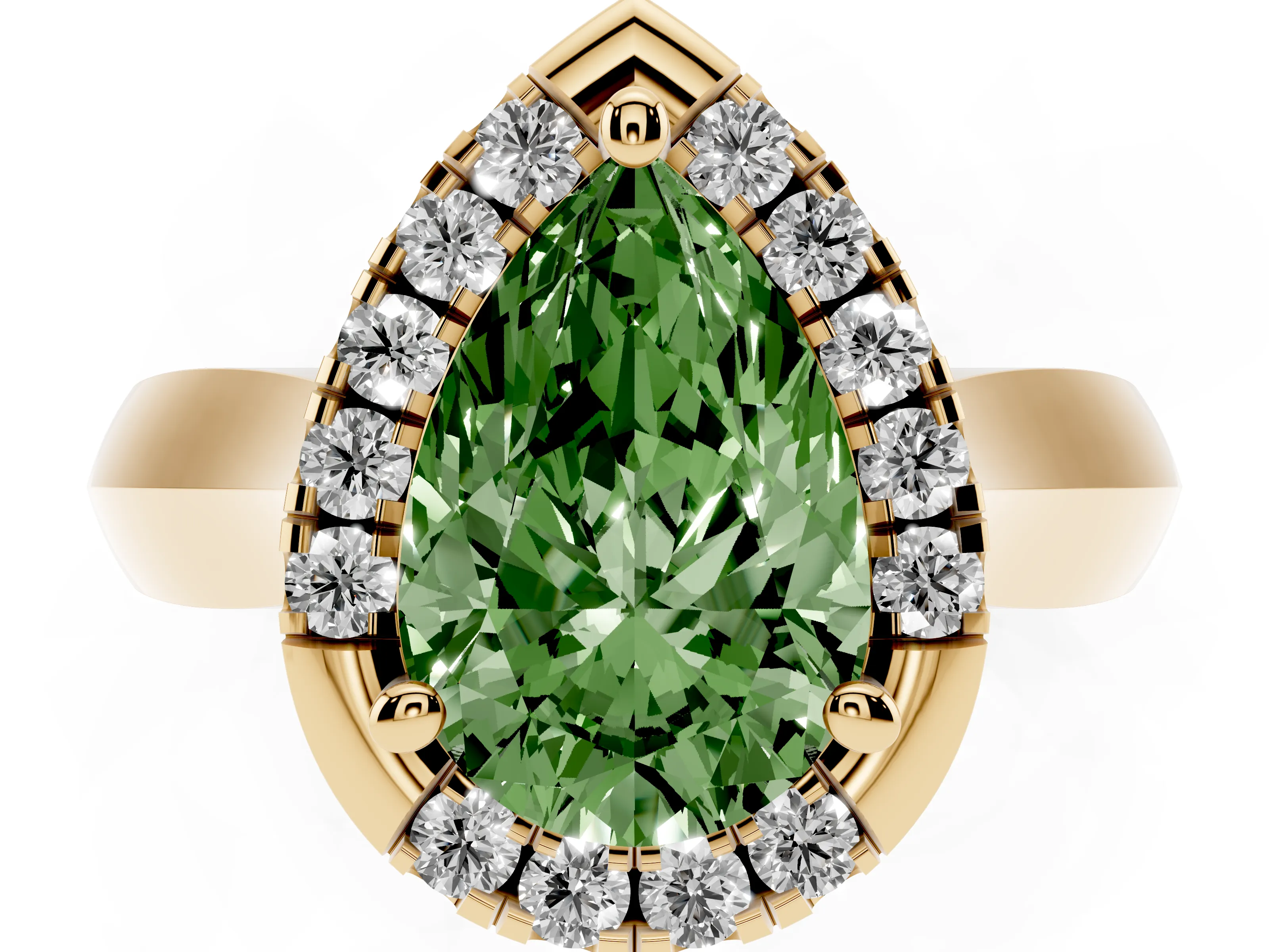 Fancy Green Pear Cut Diamond Halo Solitaire Engagement Ring Set in Yellow gold with Square Band and Prong Setting