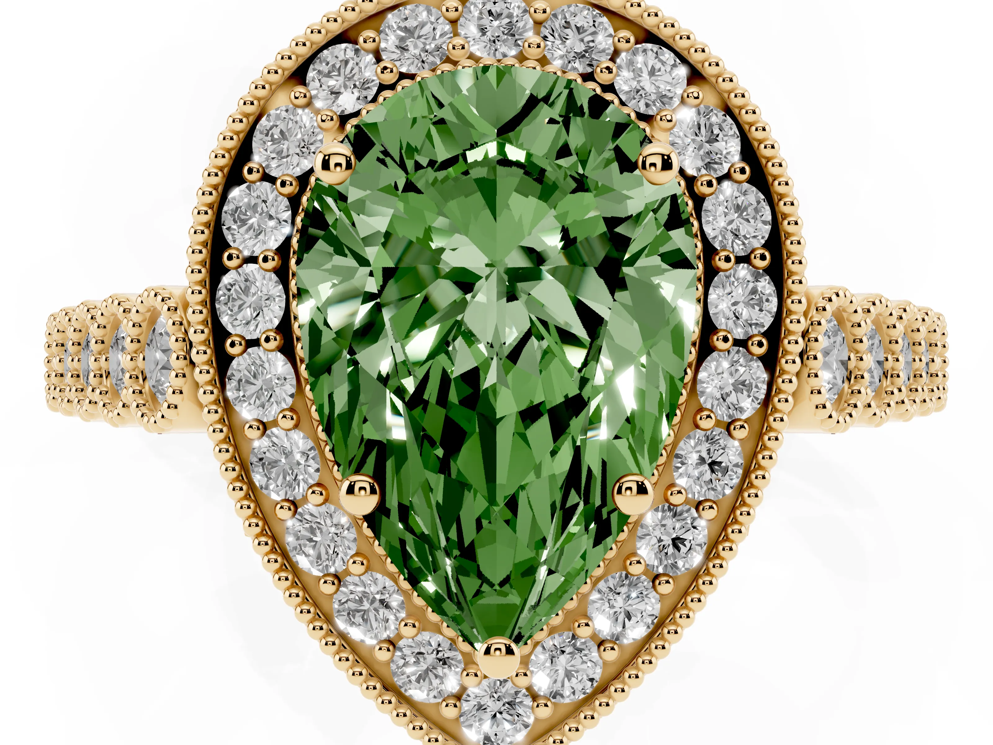 Fancy Green Pear Cut Diamond Milgrain Halo Solitaire Ring Set in Yellow gold with Bezel Set Side Stones and Pavé Band