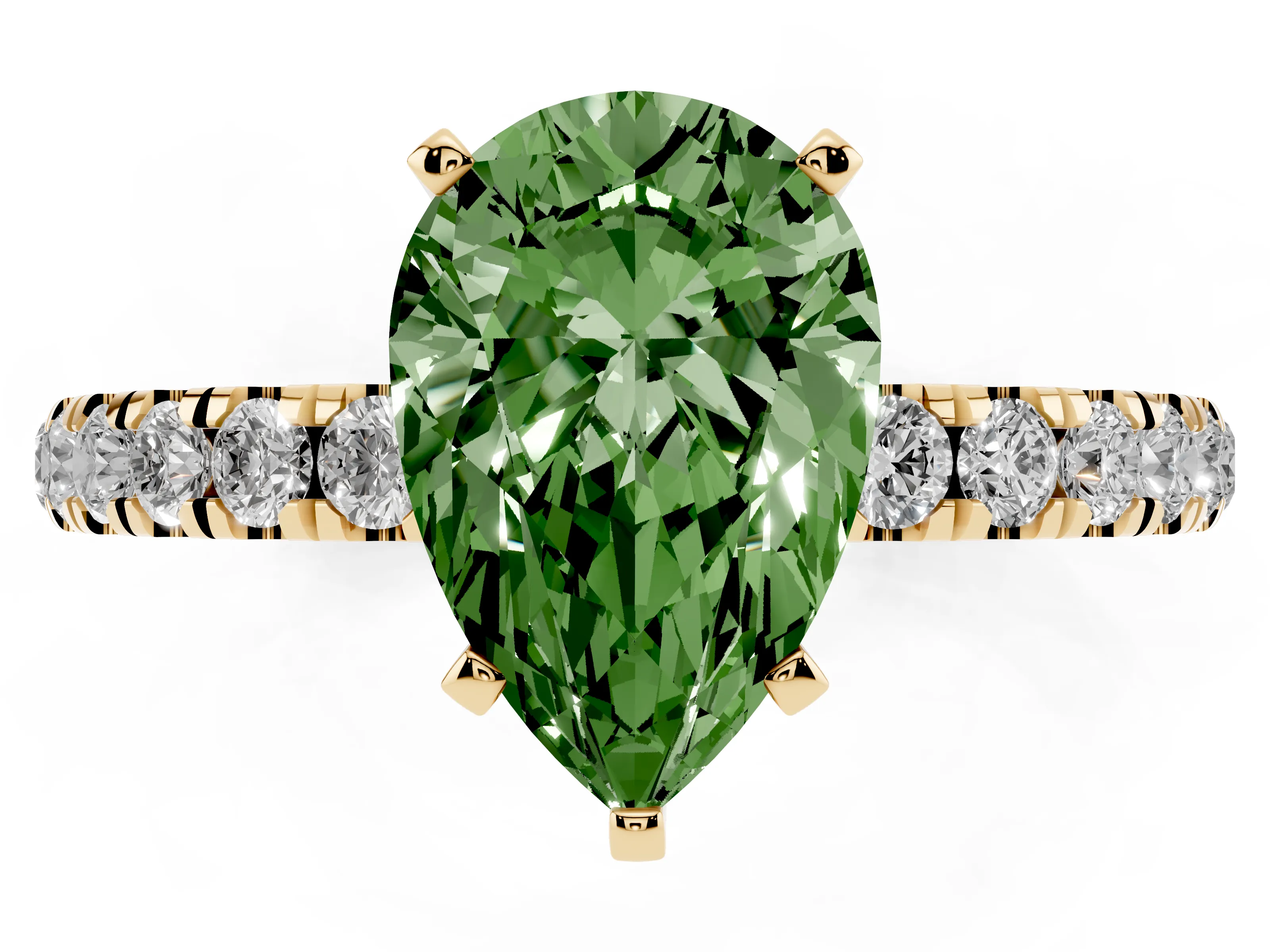 Fancy Green Pear Cut Diamond Solitaire Ring Set in Yellow gold with Pavé Accents and Prong Setting