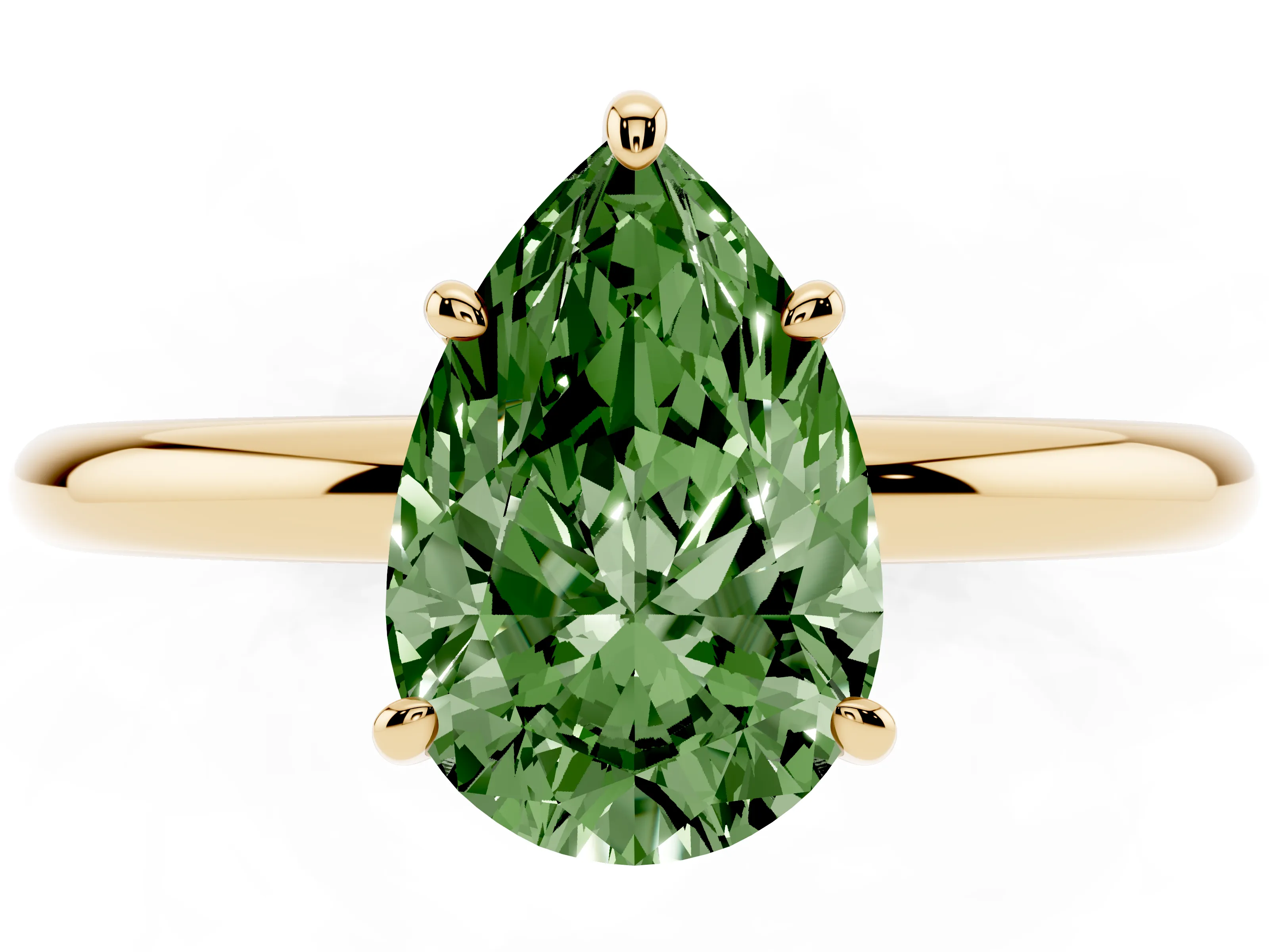 Fancy Green Pear Cut Diamond Solitaire Ring Set in Yellow gold with Prong Setting on a Polished Plain Band