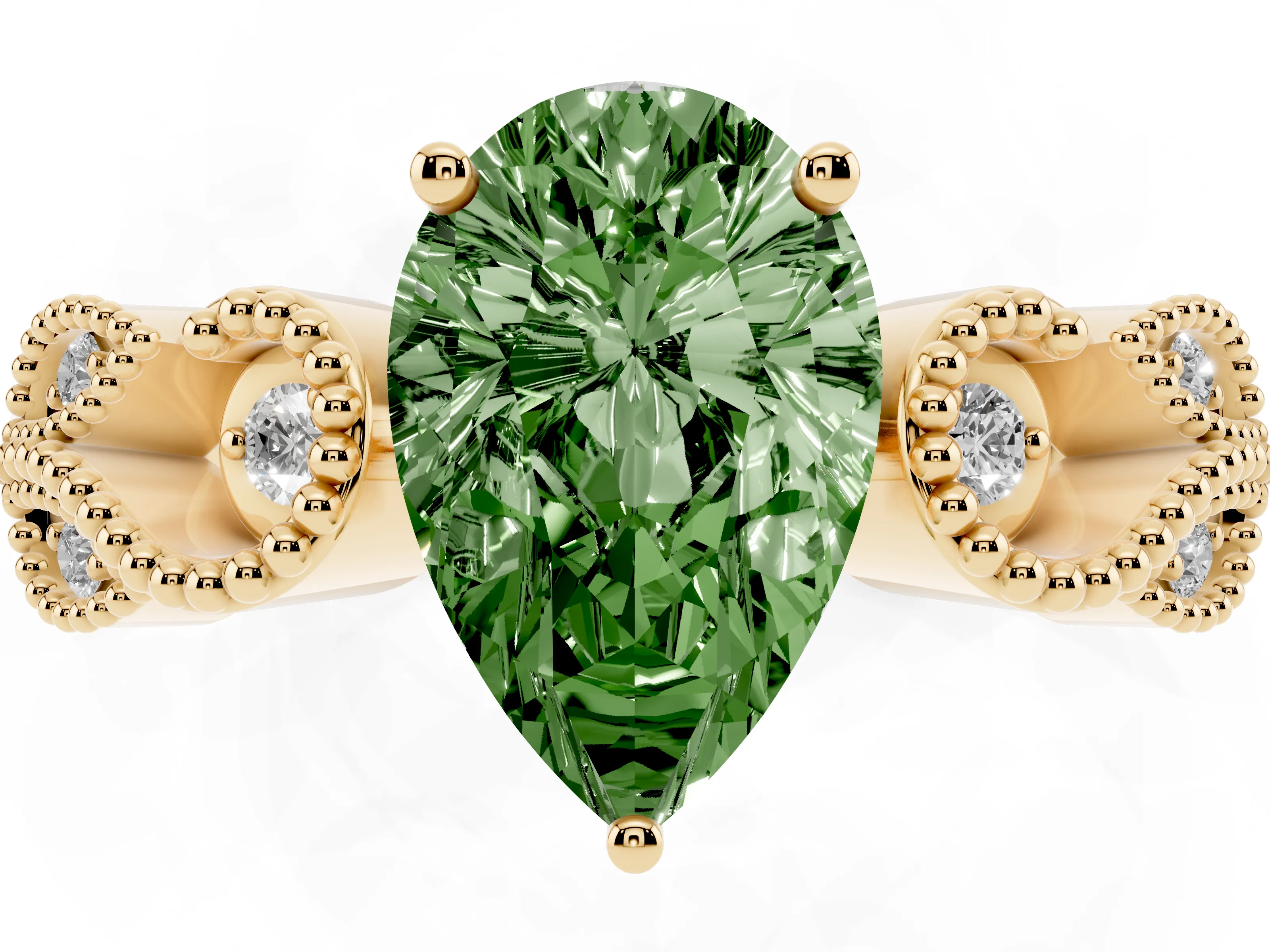 Fancy Green Pear Cut Diamond Milgrain Leaf Band Solitaire Ring Set in Yellow gold with Accent Stones and Prong Setting