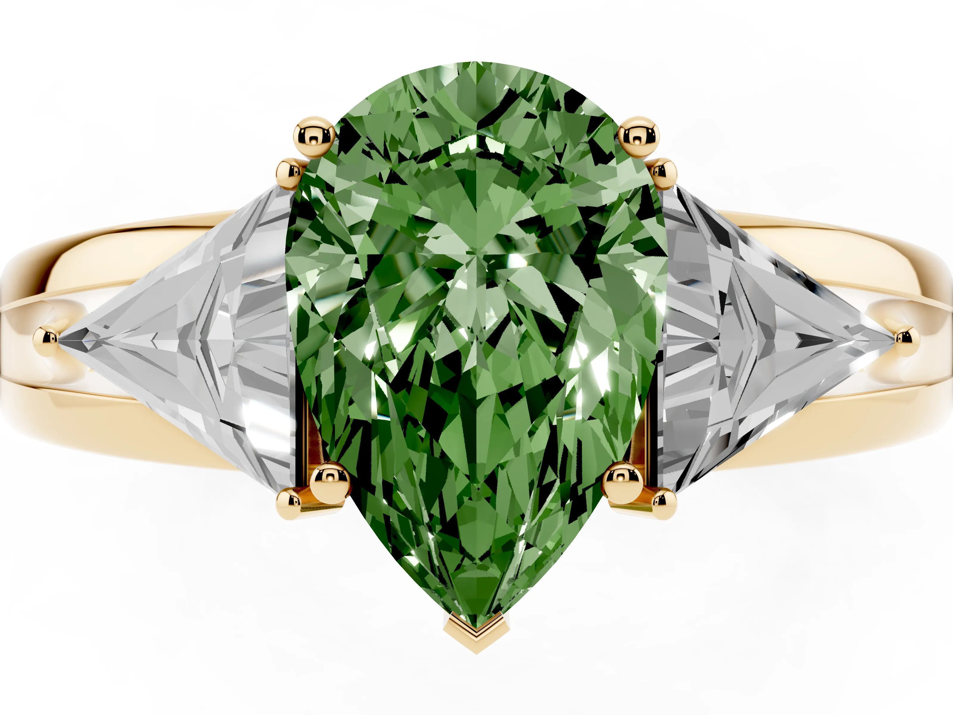 Fancy Green Pear Cut Diamond Three-Stone Ring Set in Yellow gold with Trillion Side Stones and Split Shank