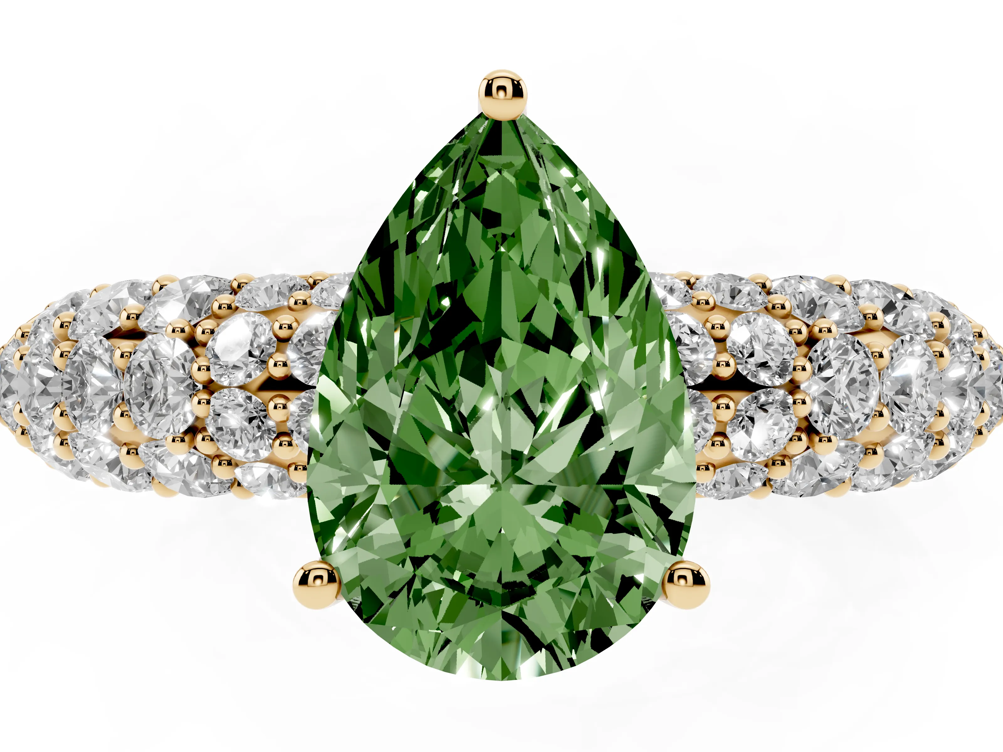 Fancy Green Pear Cut Diamond Pavé Band Solitaire Ring Set in Yellow gold with Close-Set Accent Stones and Prong Setting