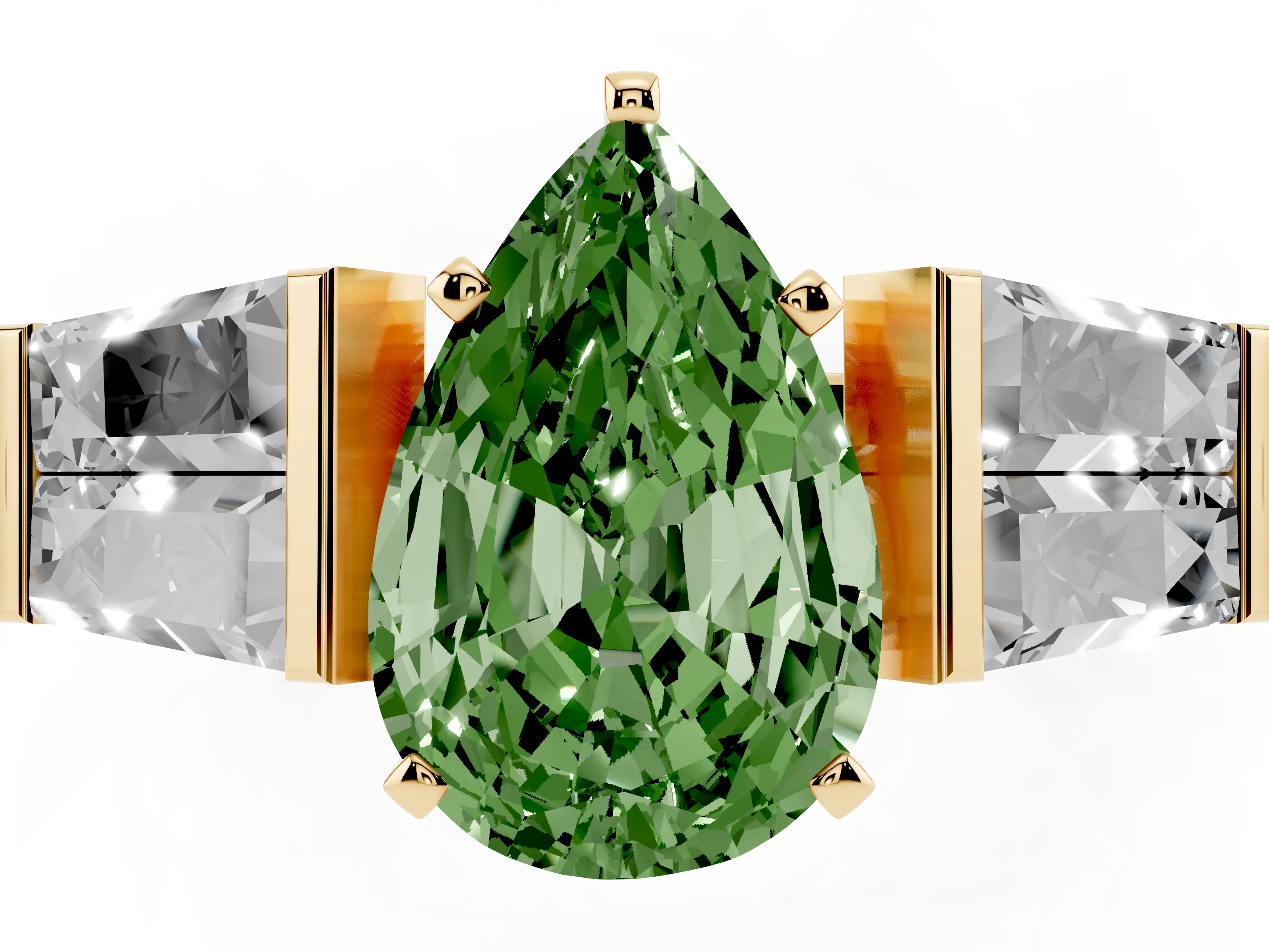 Fancy Green Pear Cut Diamond Engagement Ring Set in Yellow gold with Baguette Side Stones and Channel Set Band