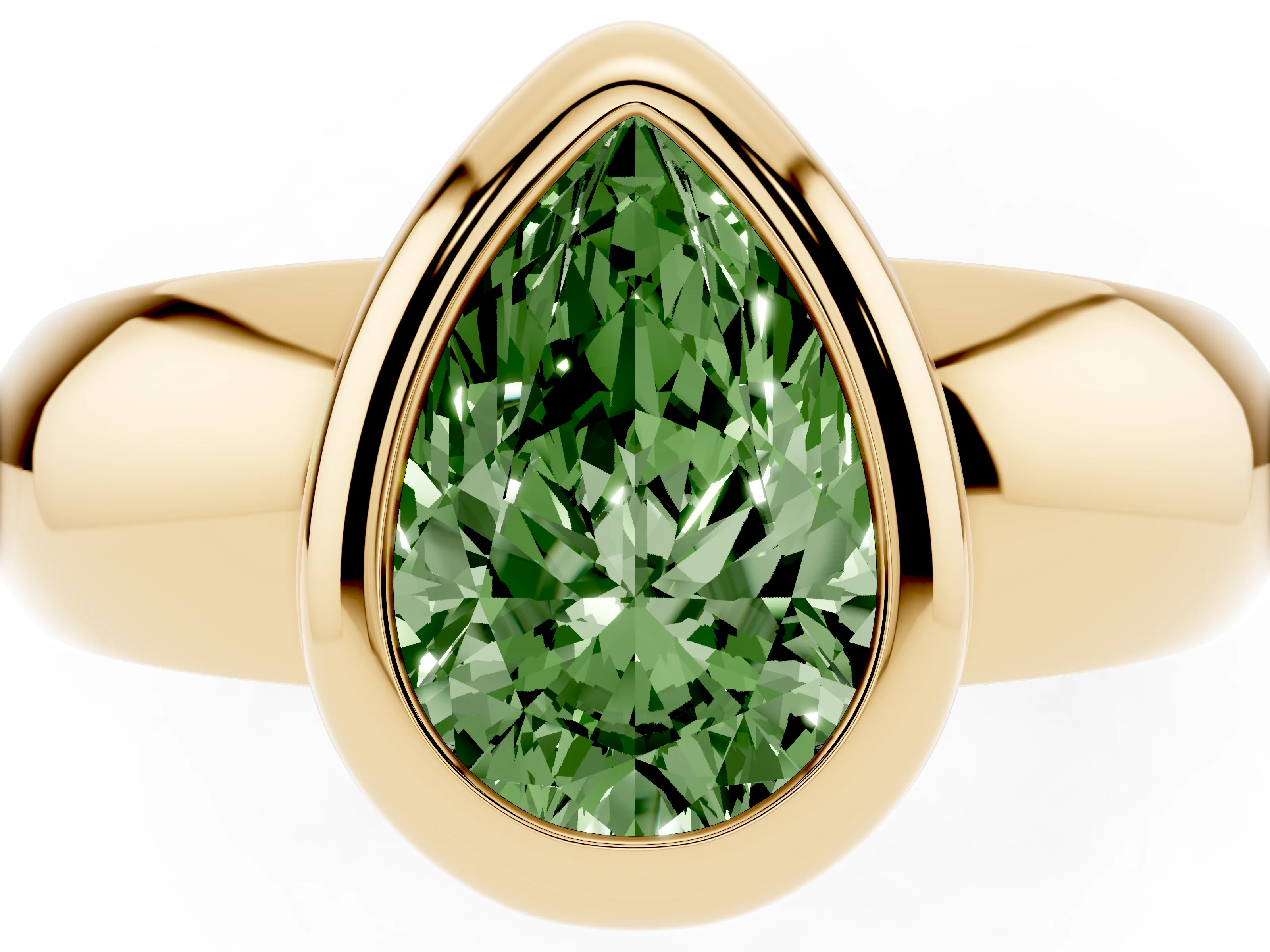 Fancy Green Bezel Set Pear Cut Diamond Solitaire Ring Set in Yellow gold with Wide Band