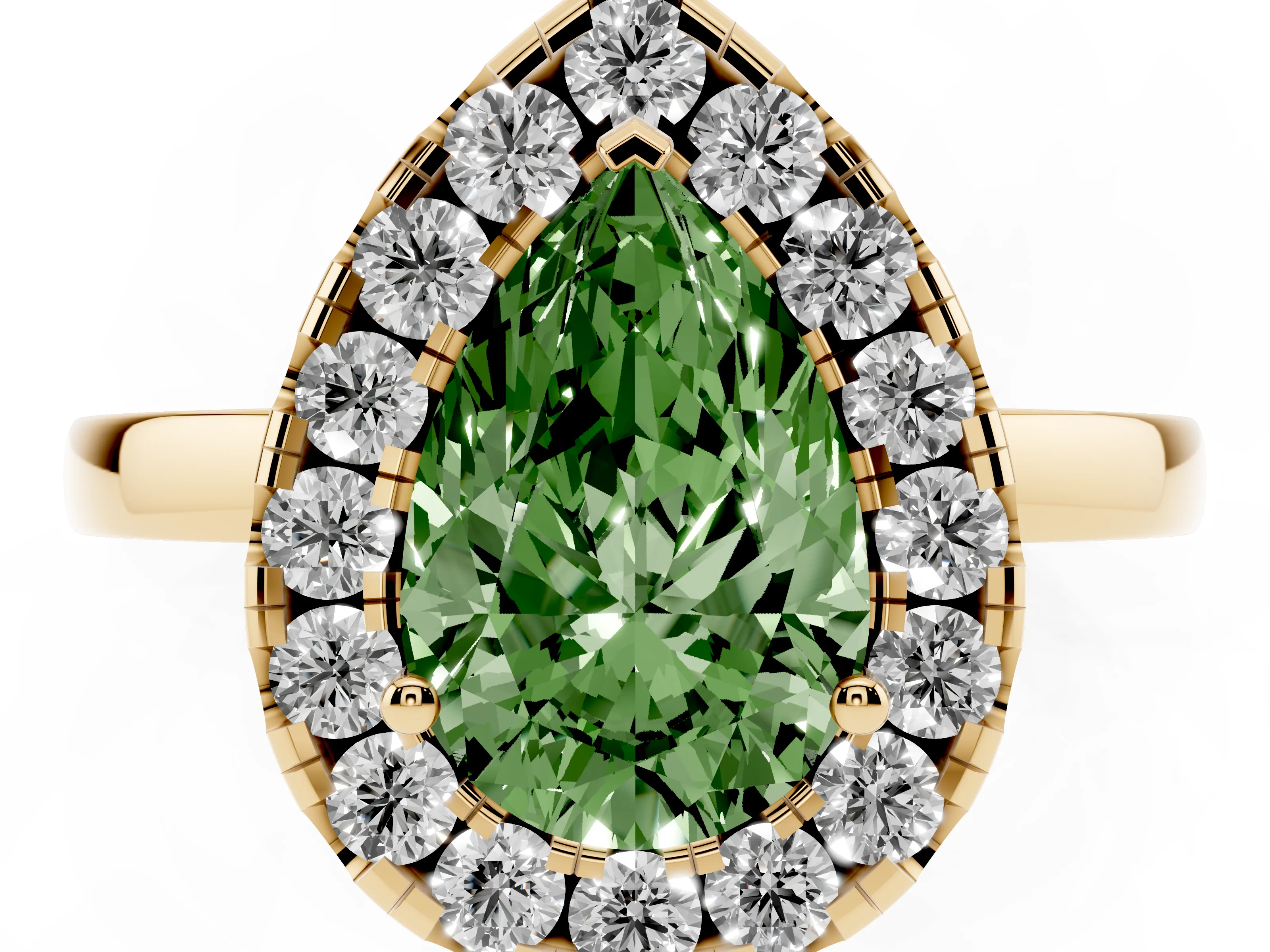 Fancy Green Pear Cut Diamond Halo Solitaire Ring Set in Yellow gold with Pavé Band and Prong Setting