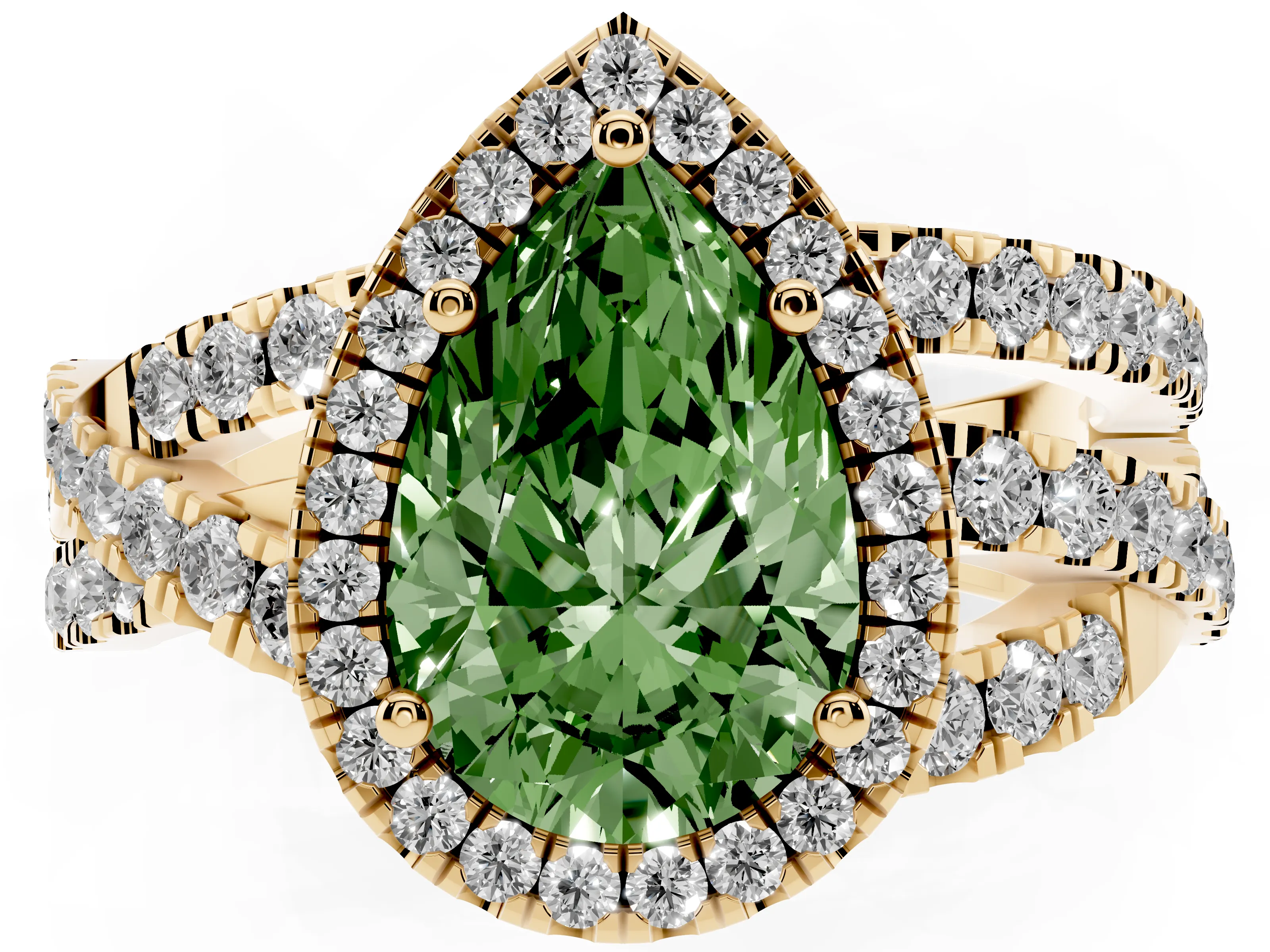 Fancy Green Pear Cut Diamond Halo Ring Set in Yellow gold with Round Crossover Split Shank and Prong Setting