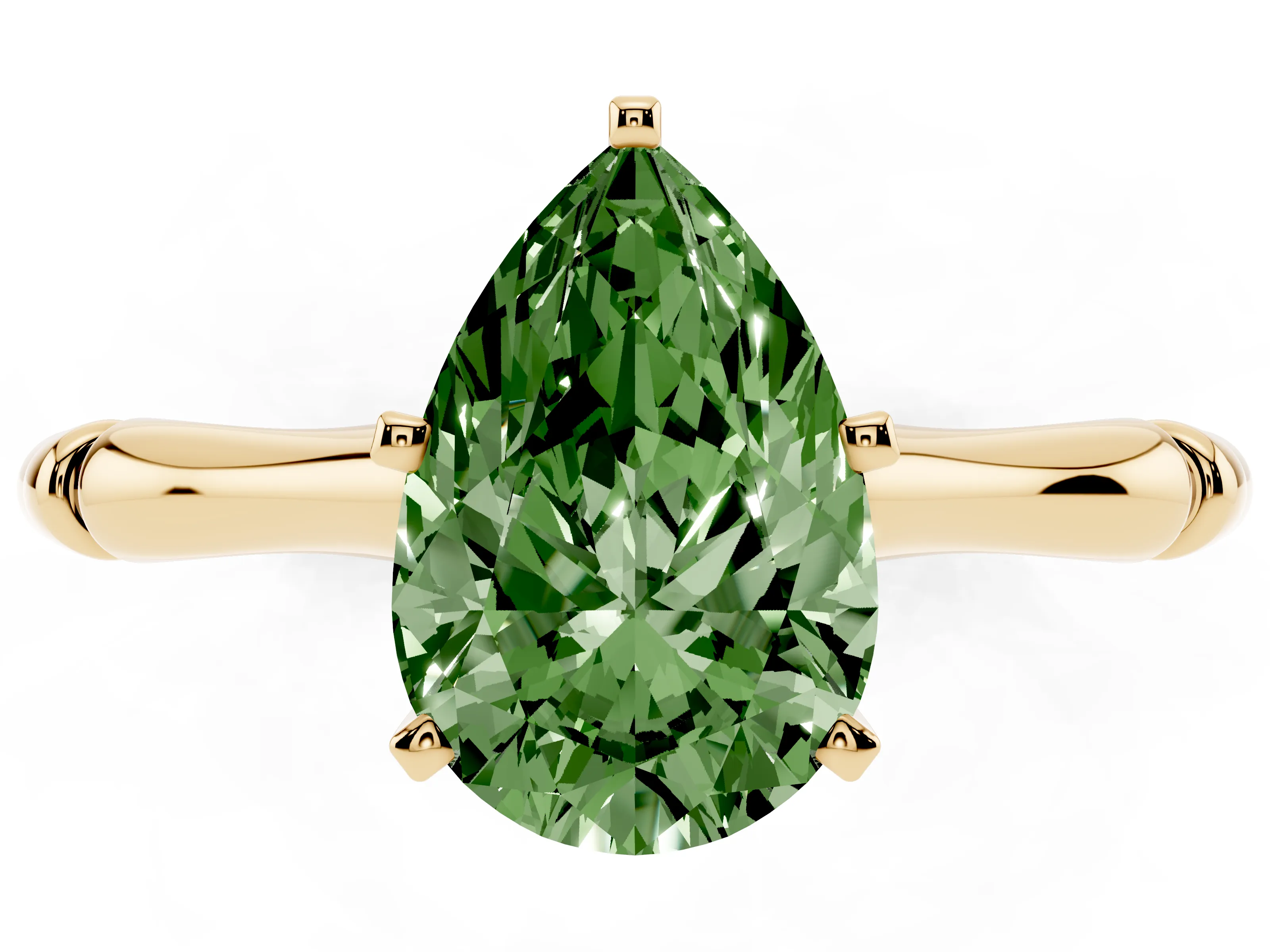 Fancy Green Pear Cut Diamond Solitaire Ring Set in Yellow gold with Bamboo Band and Prong Setting