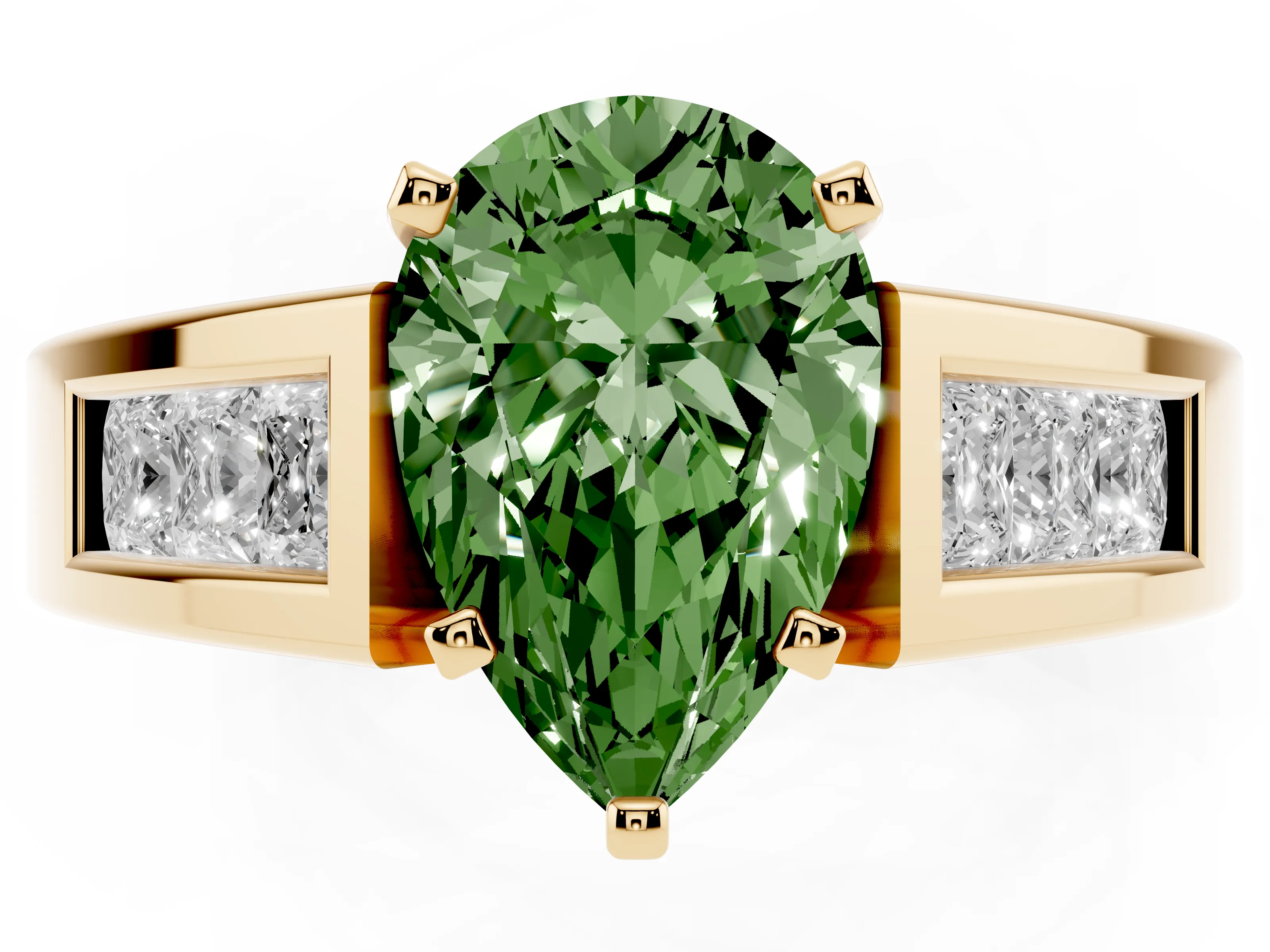 Fancy Green Pear Cut Diamond Solitaire Ring Set in Yellow gold with Channel-Set Accent Stones and Prong Setting
