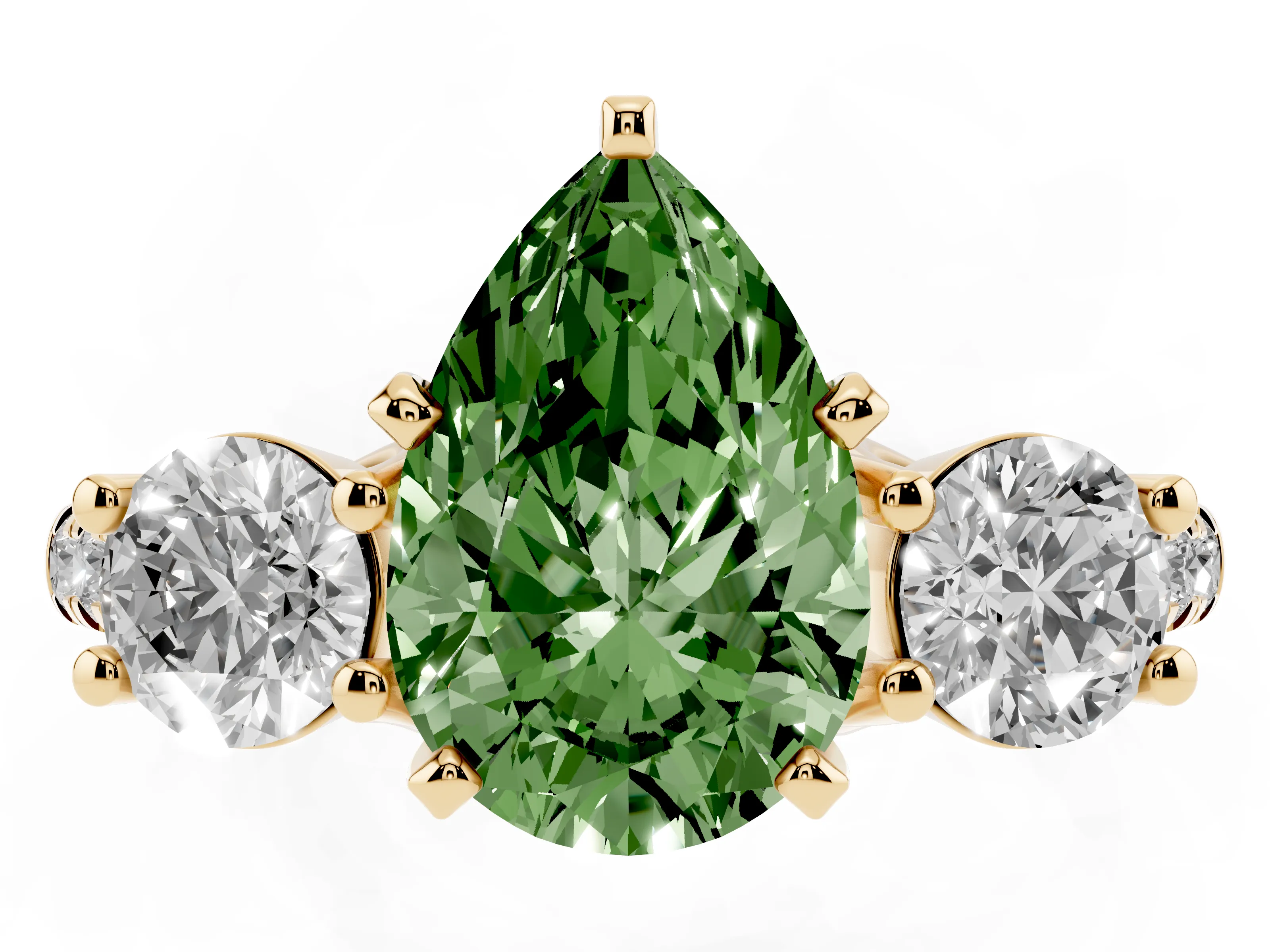 Fancy Green Three-Stone Pear Cut Diamond Pavé Band Ring Set in Yellow gold with Prong-Set Trio