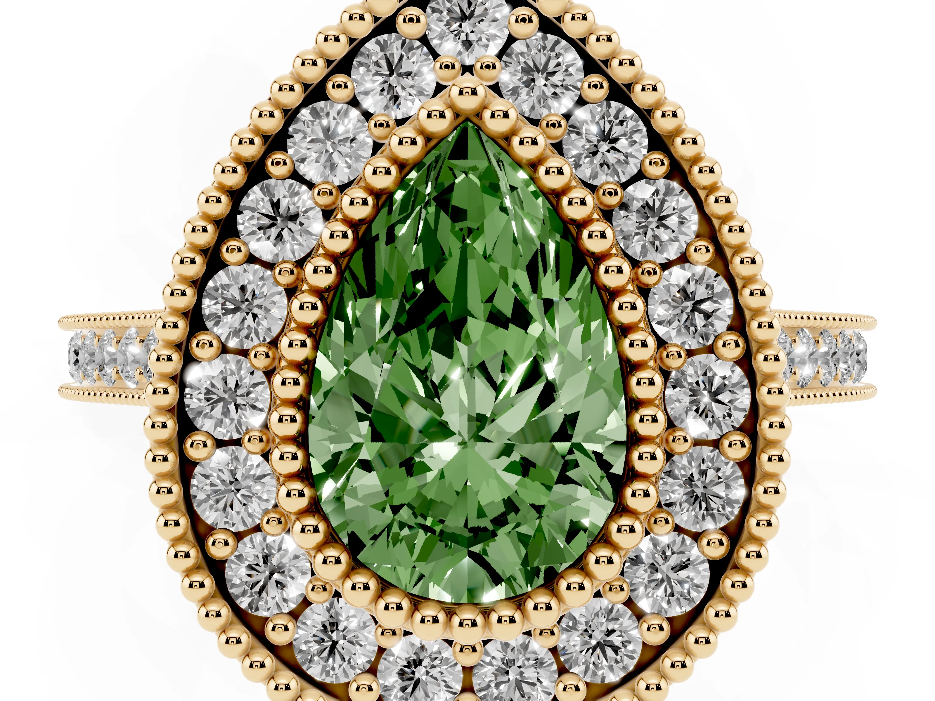 Fancy Green Pear Cut Diamond Halo Ring Set in Yellow gold with Milgrain Frame and Pavé Band