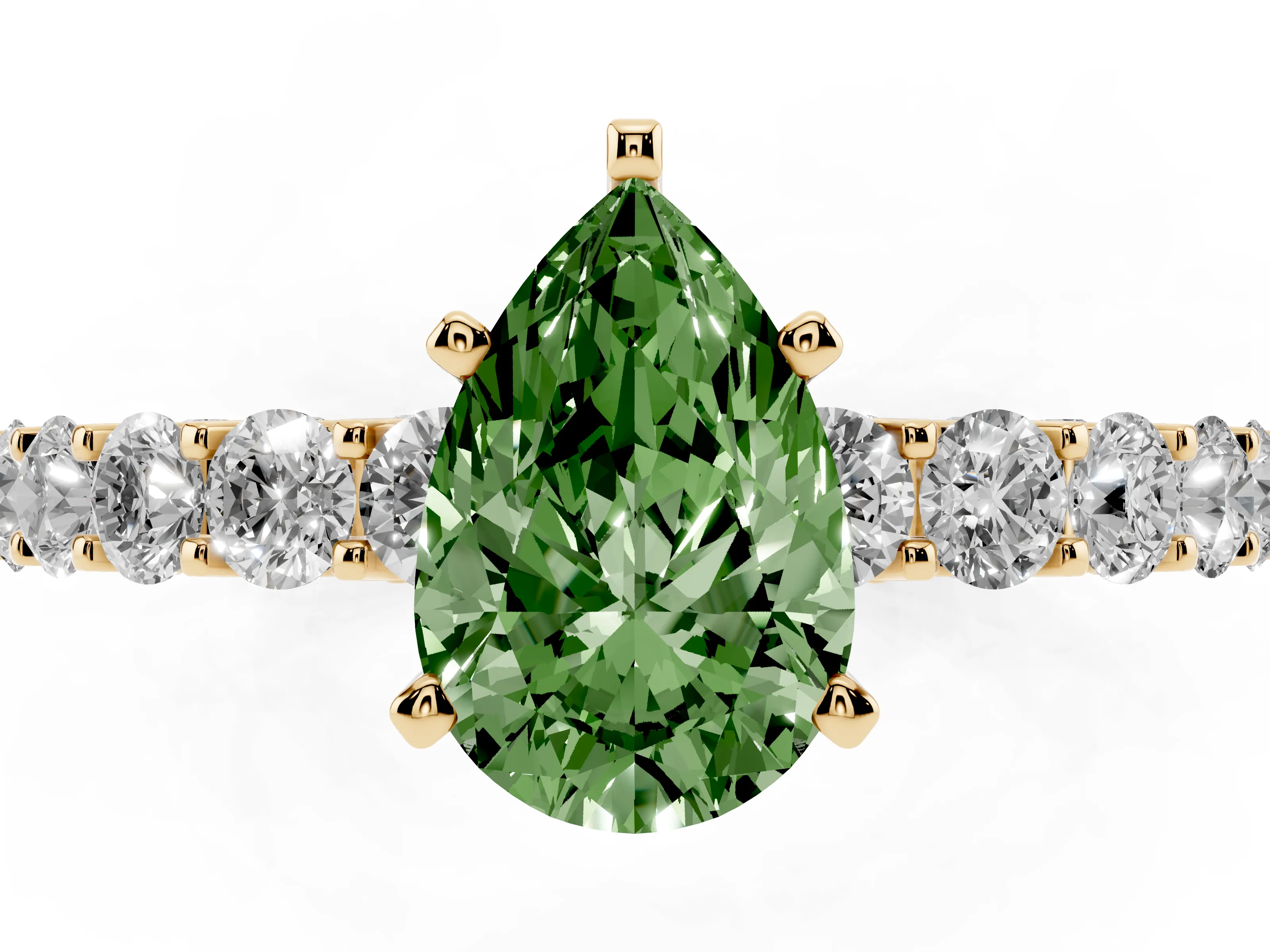 Fancy Green Pear Cut Diamond Solitaire Ring Set in Yellow gold with Shared Prong Pavé Band