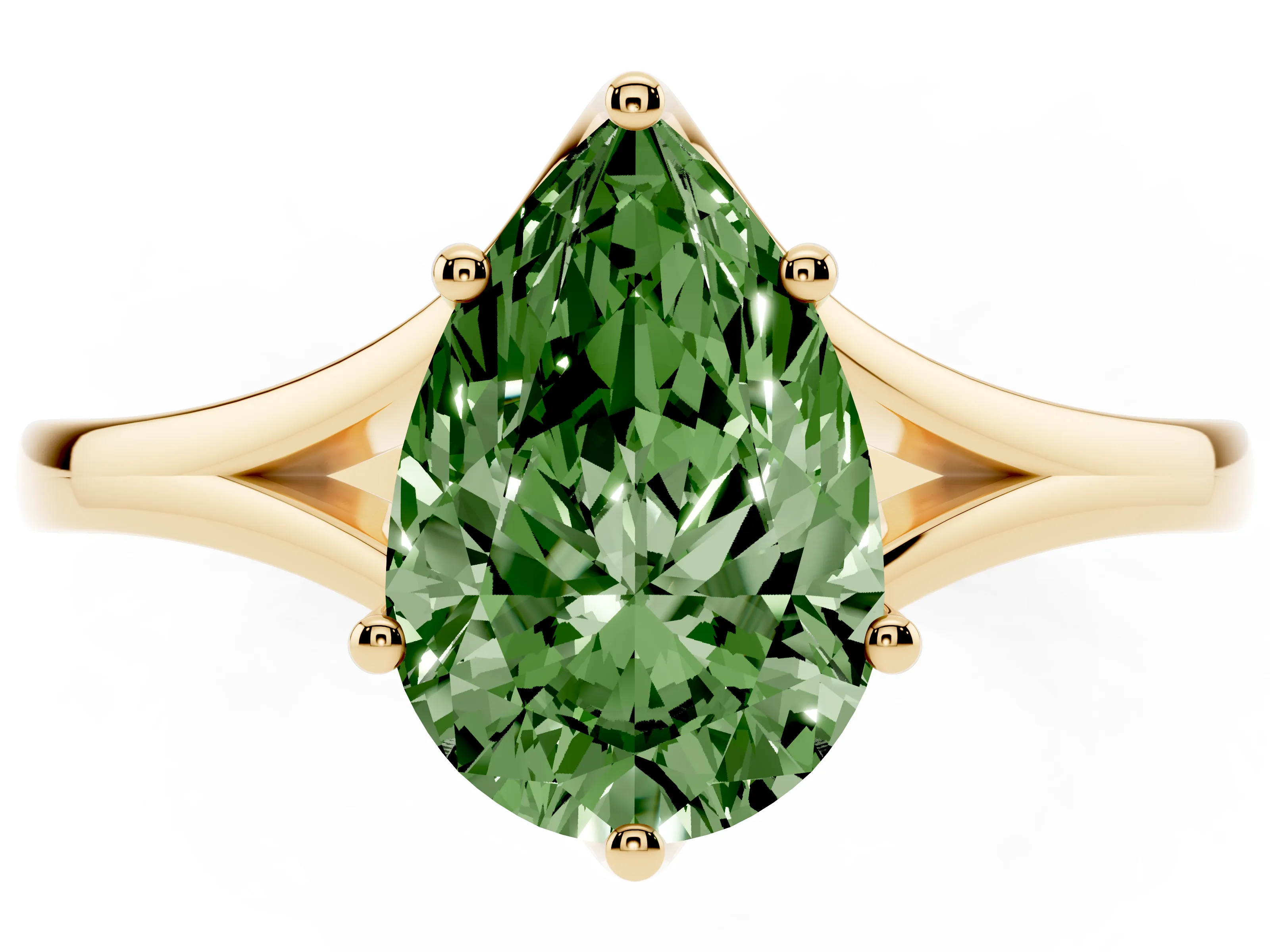 Fancy Green Pear Cut Diamond Solitaire Ring Set in Yellow gold with Polished Tapered Band and Prong Setting