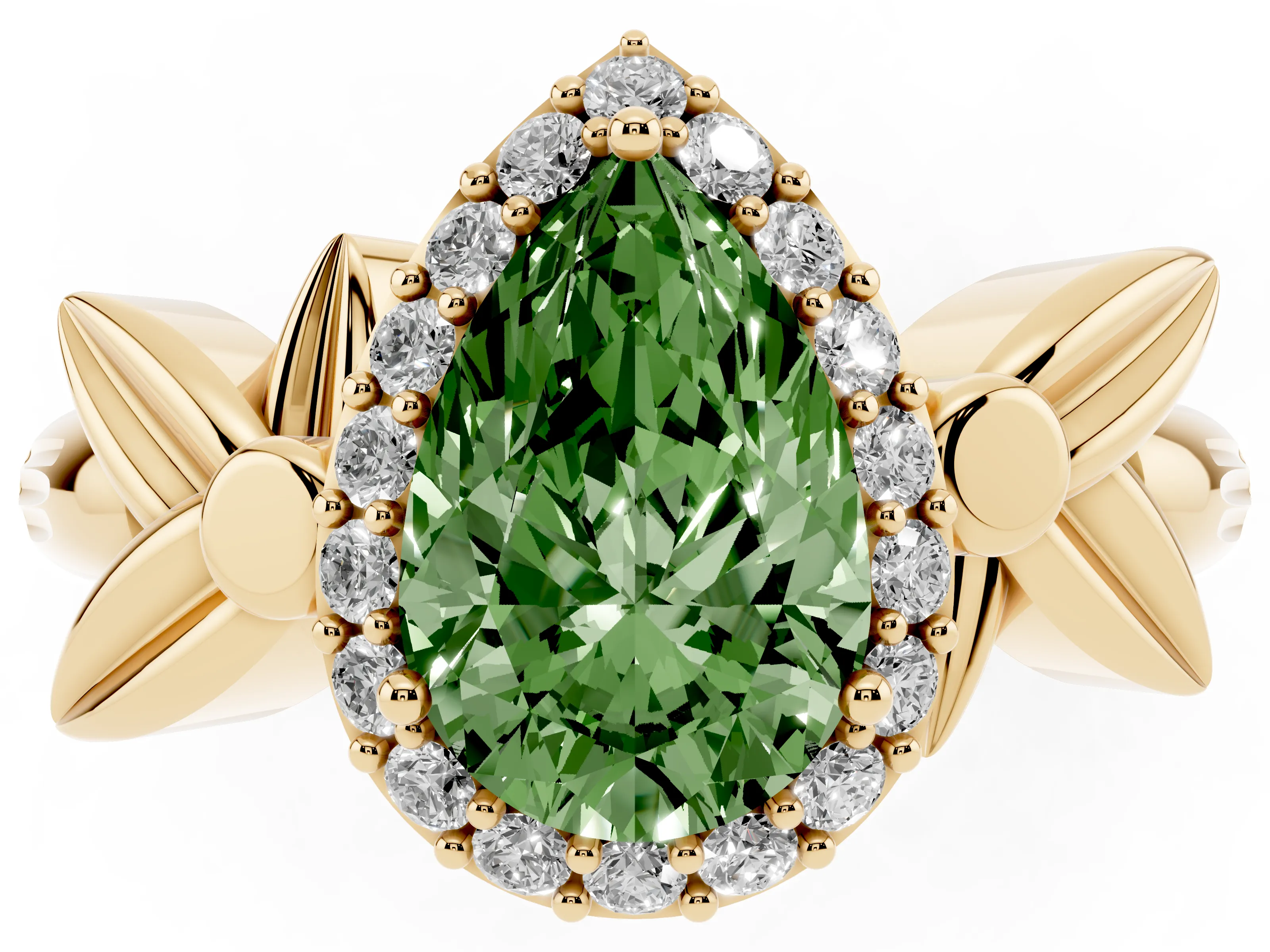 Fancy Green Pear Cut Diamond Halo Floral Band Ring Set in Yellow gold with Prong Setting