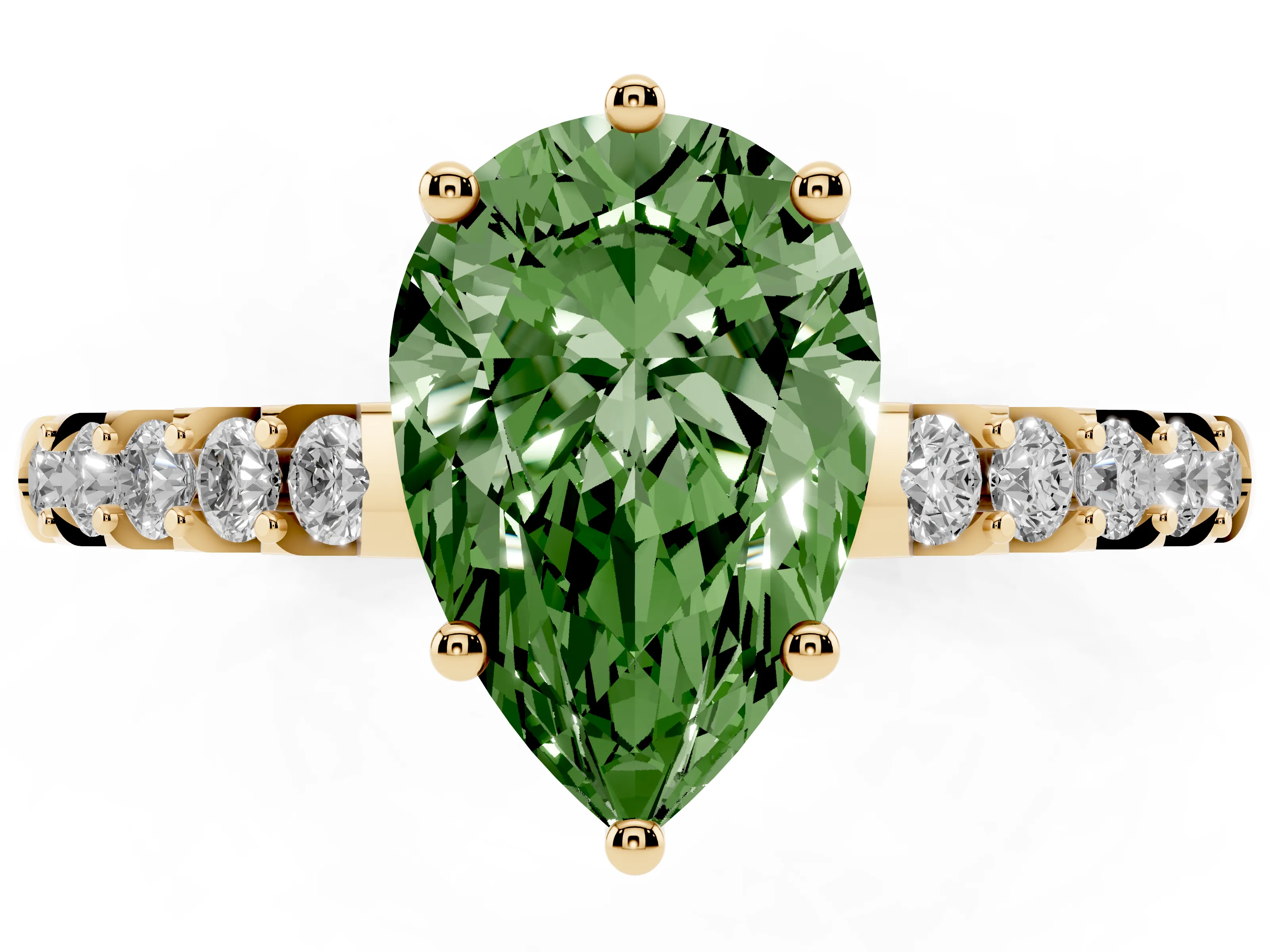 Fancy Green Pear Cut Diamond Solitaire Engagement Ring Set in Yellow gold with Pavé Band and Prong Setting