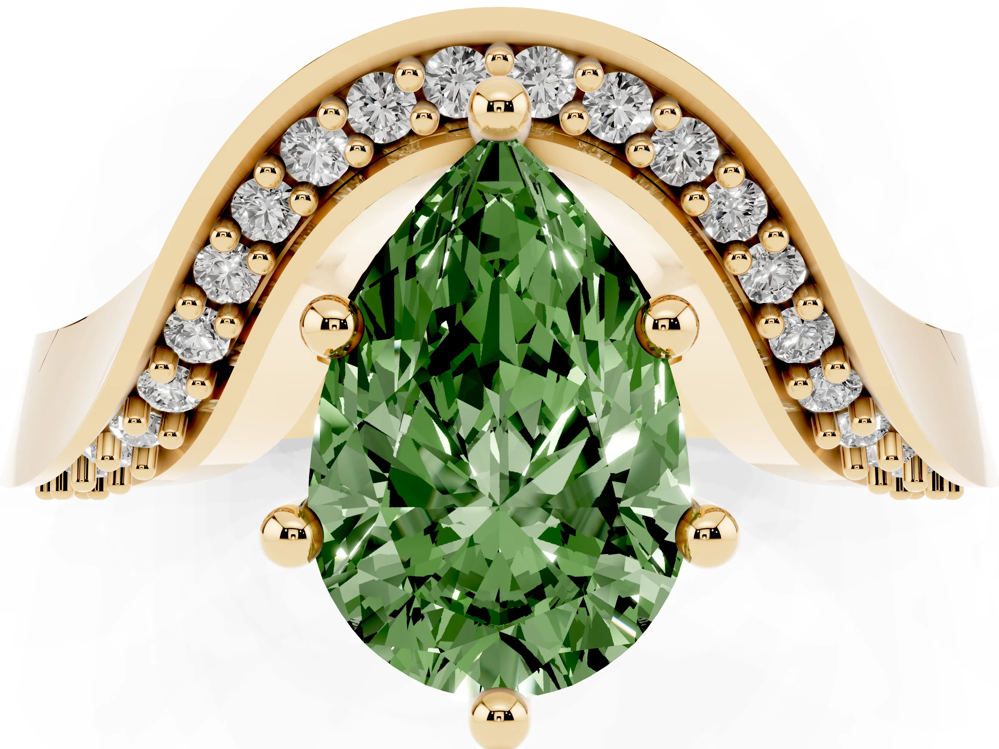 Fancy Green Pear Cut Diamond Solitaire Engagement Ring Set in Yellow gold with Pavé Shoulders