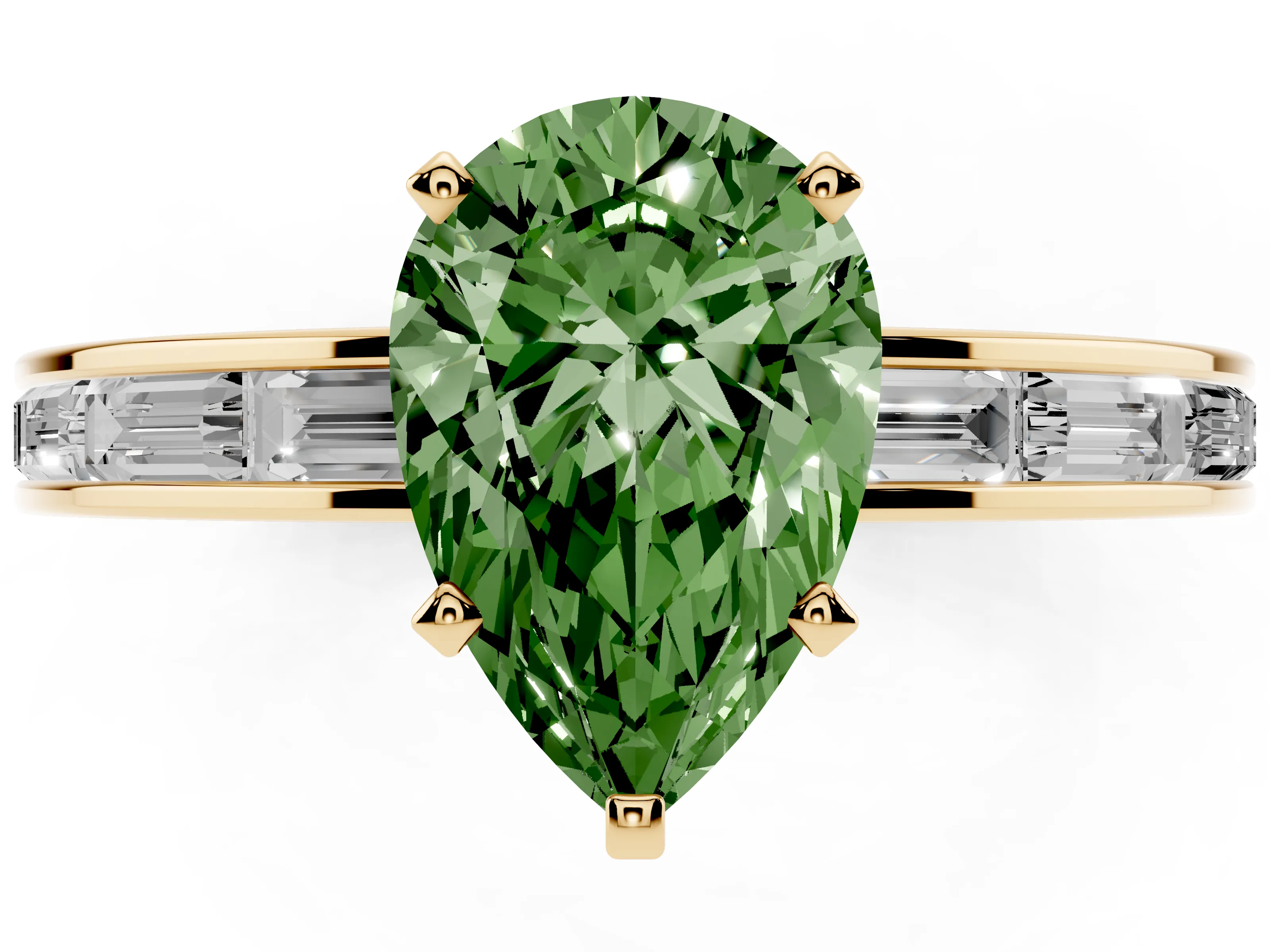 Fancy Green Pear Cut Diamond Solitaire Ring Set in Yellow gold with Channel-Set Baguette Band and Prong Setting