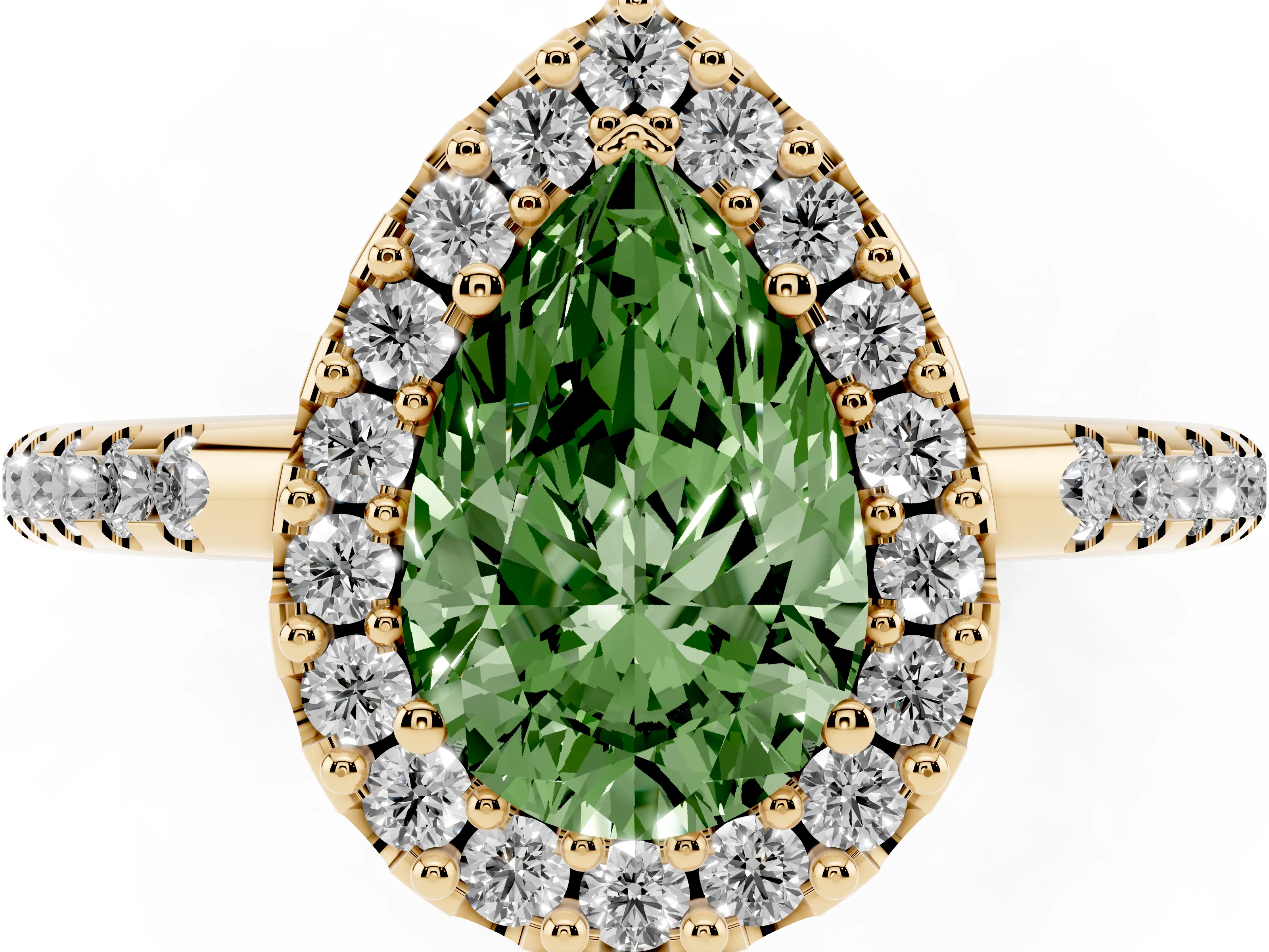 Fancy Green Pear Cut Diamond Pavé Halo Ring Set in Yellow gold with Prong Setting