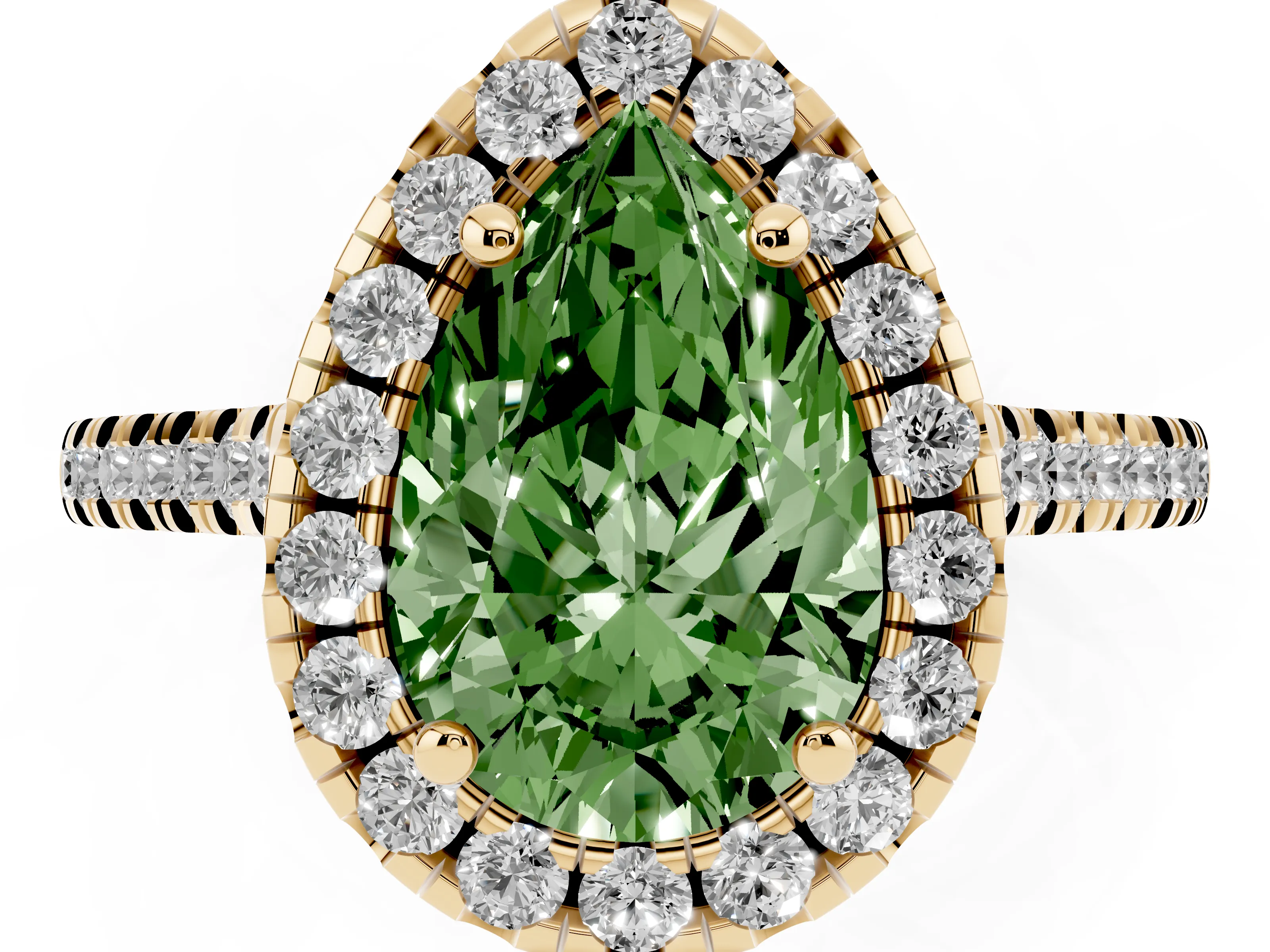 Fancy Green Pear Cut Diamond Cushion Halo Ring Set in Yellow gold with Pavé Band