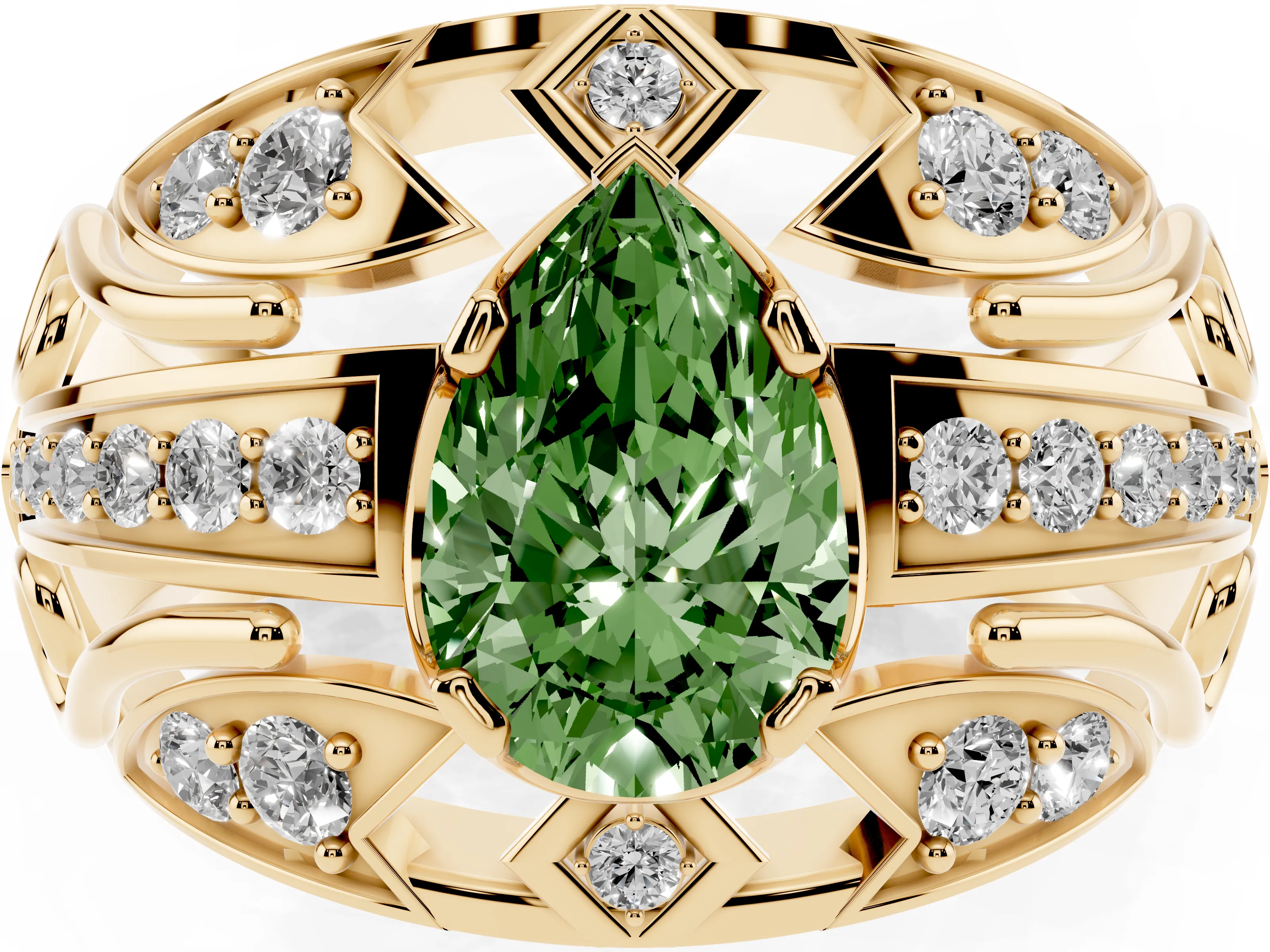 Fancy Green Pear Cut Diamond Art Deco Ring Set in Yellow gold with Pavé Split Shank