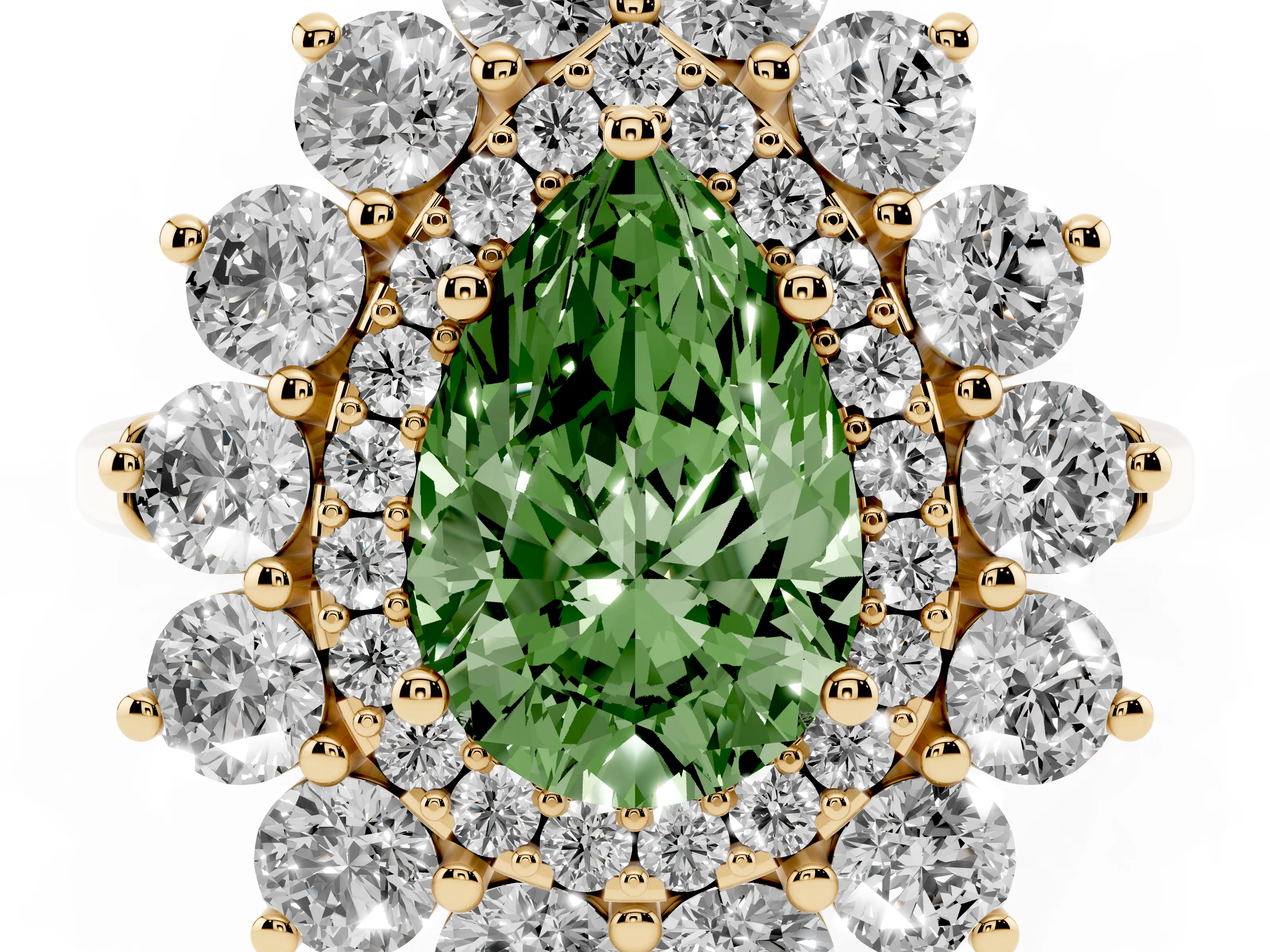 Fancy Green Pear Cut Diamond Floral Double Halo Ring Set in Yellow gold with Round Petals