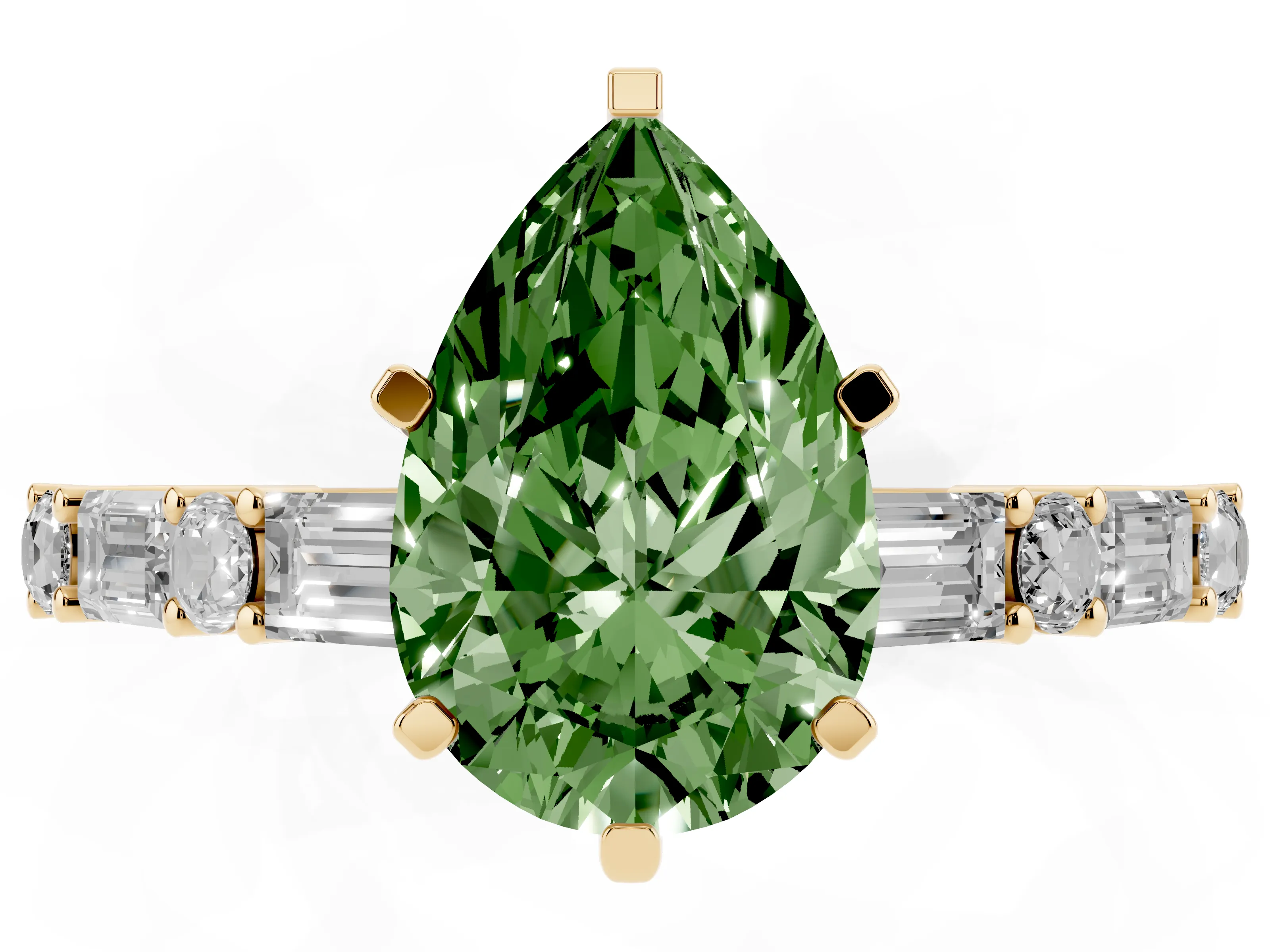 Fancy Green Pear Cut Diamond Solitaire Set in Yellow gold with Side Baguettes and Channel Set Band