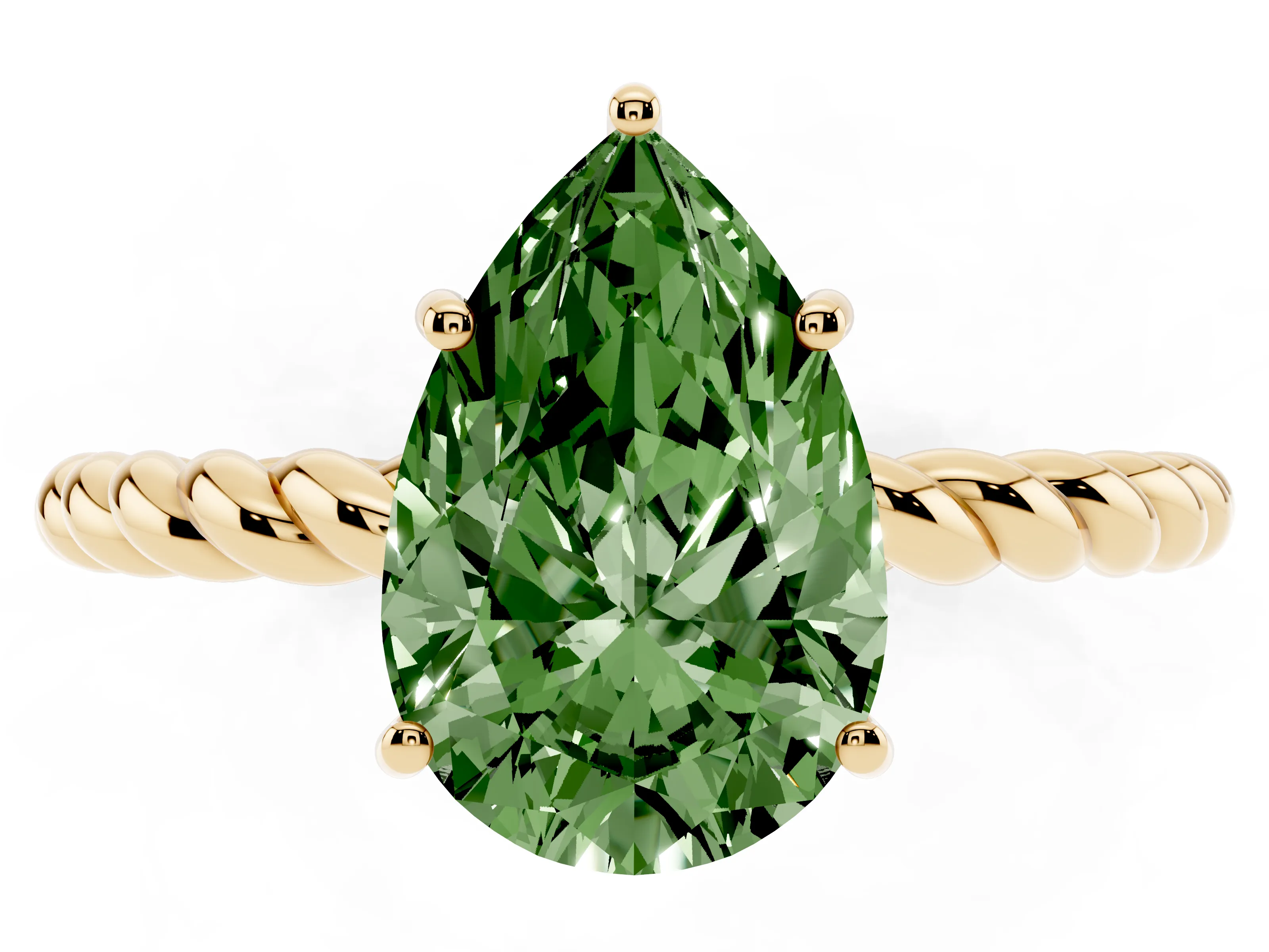 Fancy Green Pear Cut Diamond Solitaire Ring Set in Yellow gold with Twist Band and Prong Setting