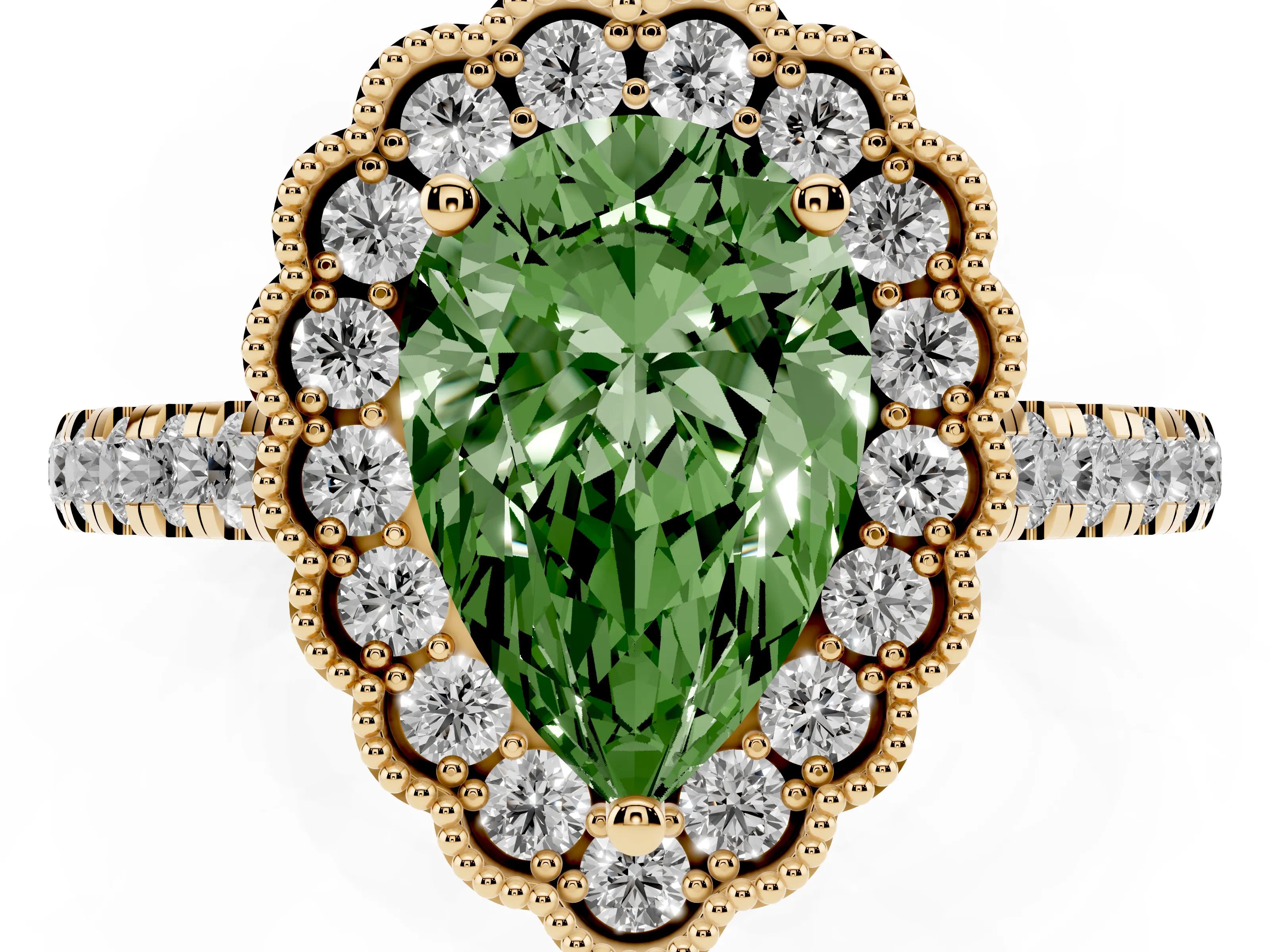 Fancy Green Pear Cut Diamond Milgrain Floral Halo Engagement Ring Set in Yellow gold with Pavé Band