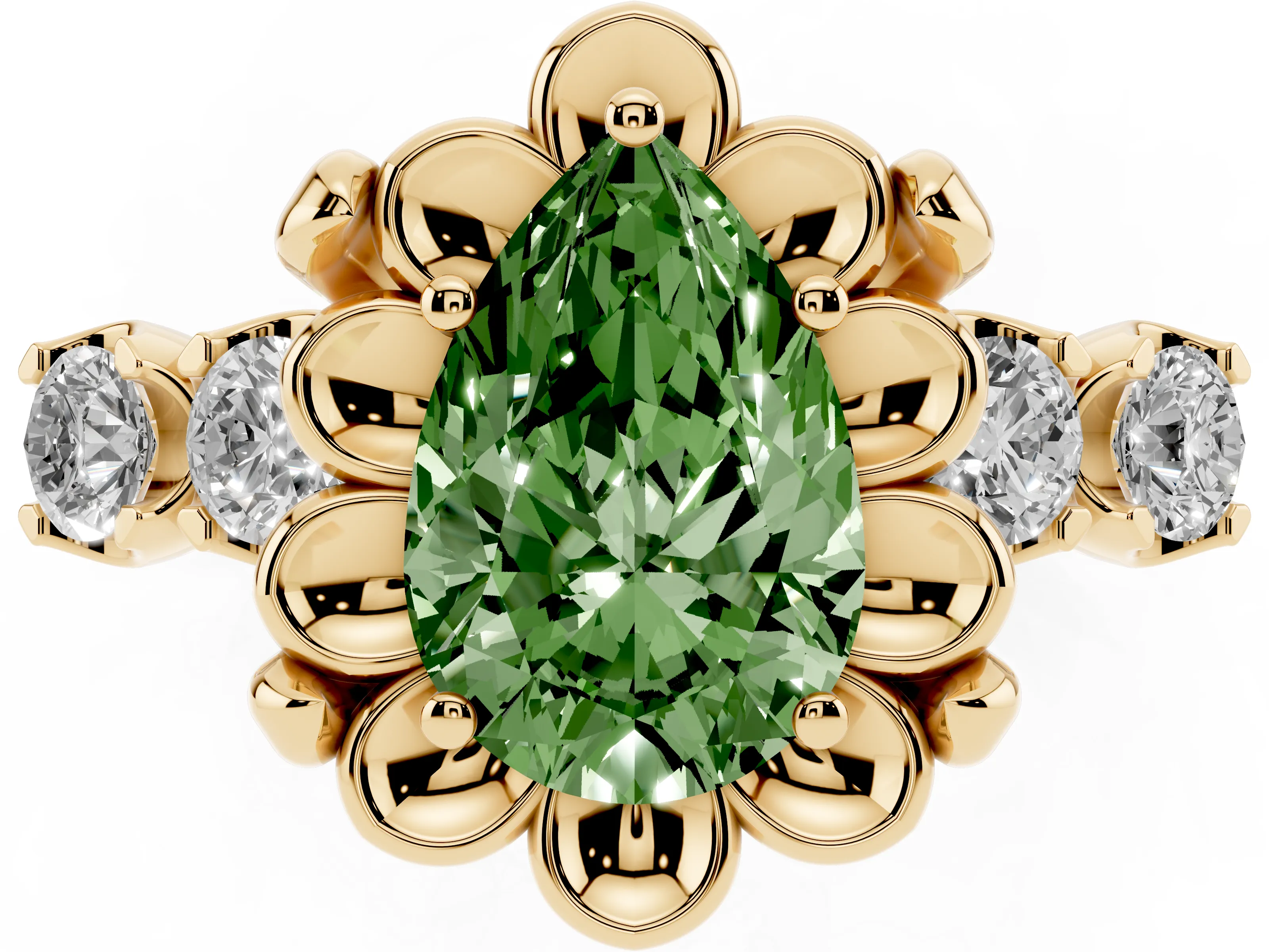Fancy Green Pear Cut Diamond Floral Halo Ring Set in Yellow gold with Shared Prong Band