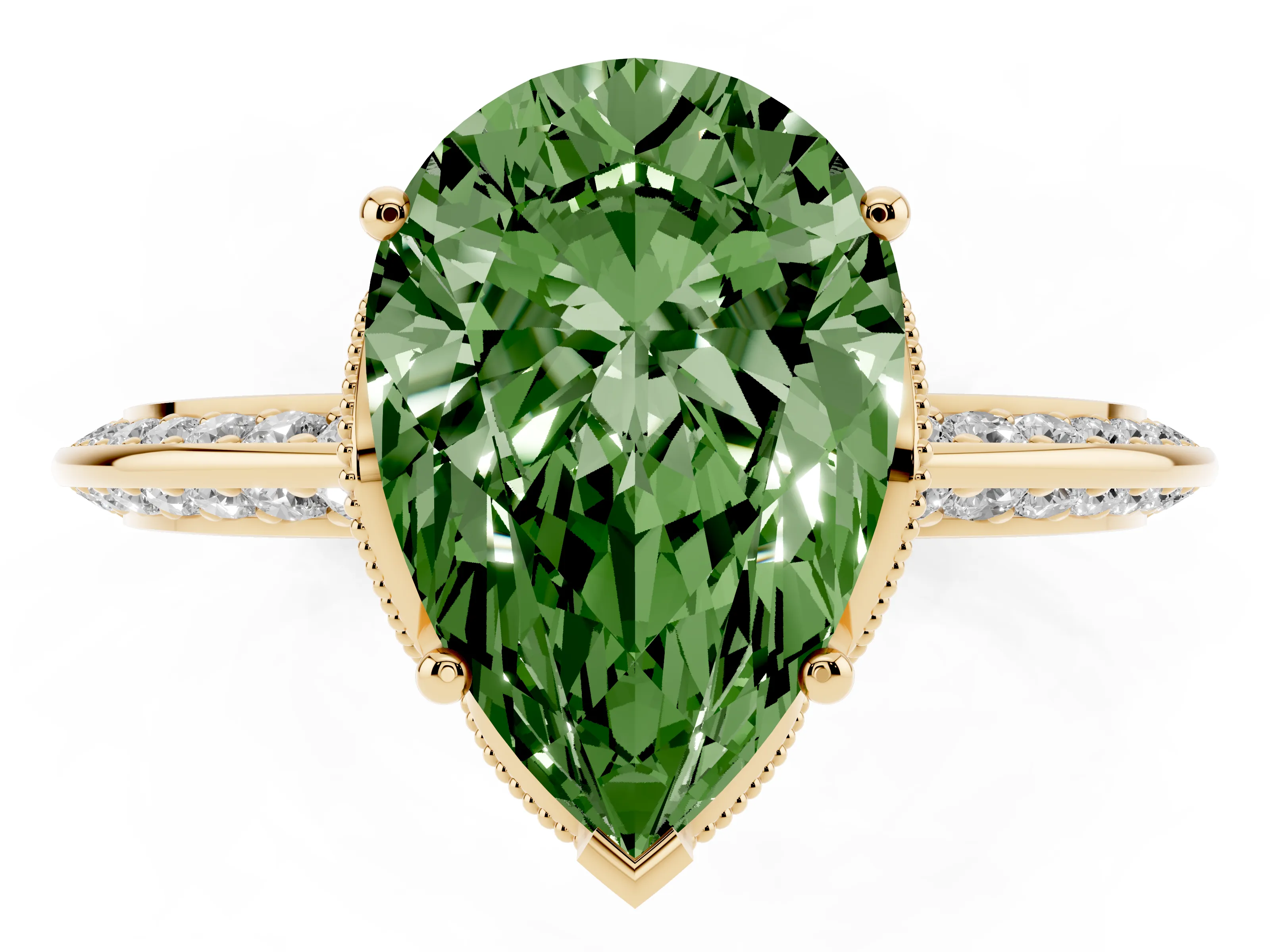 Fancy Green Pear Cut Diamond Solitaire Engagement Ring Set in Yellow gold with Pavé Split Shank and Prong Setting