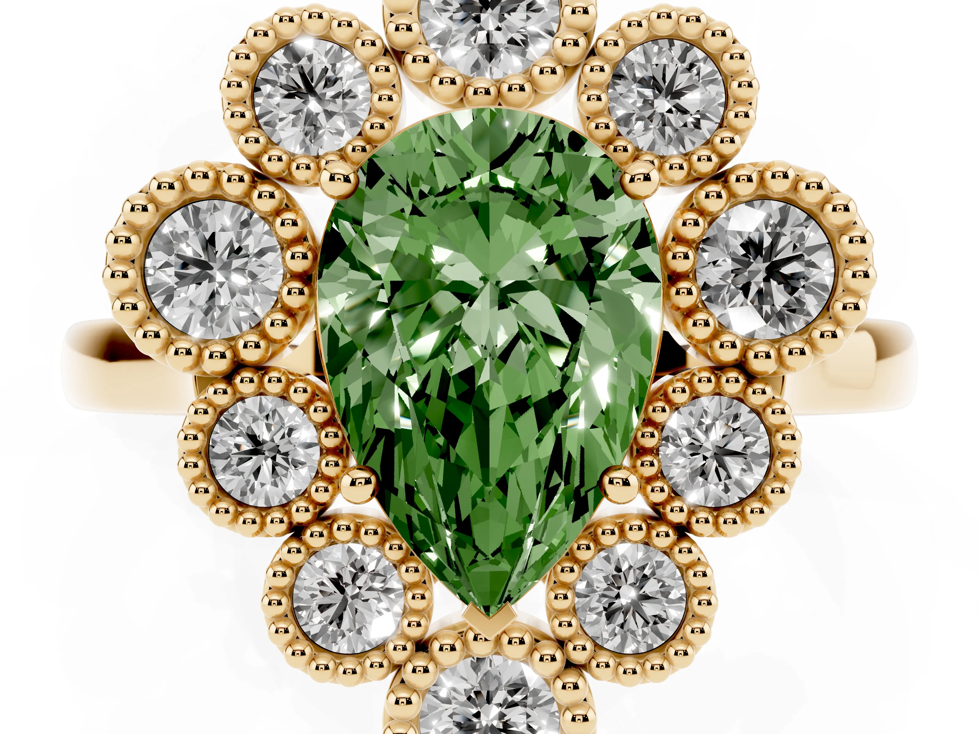 Fancy Green Pear Cut Diamond Cluster Halo Ring Set in Yellow gold with Milgrain Bezel Accents and Plain Band