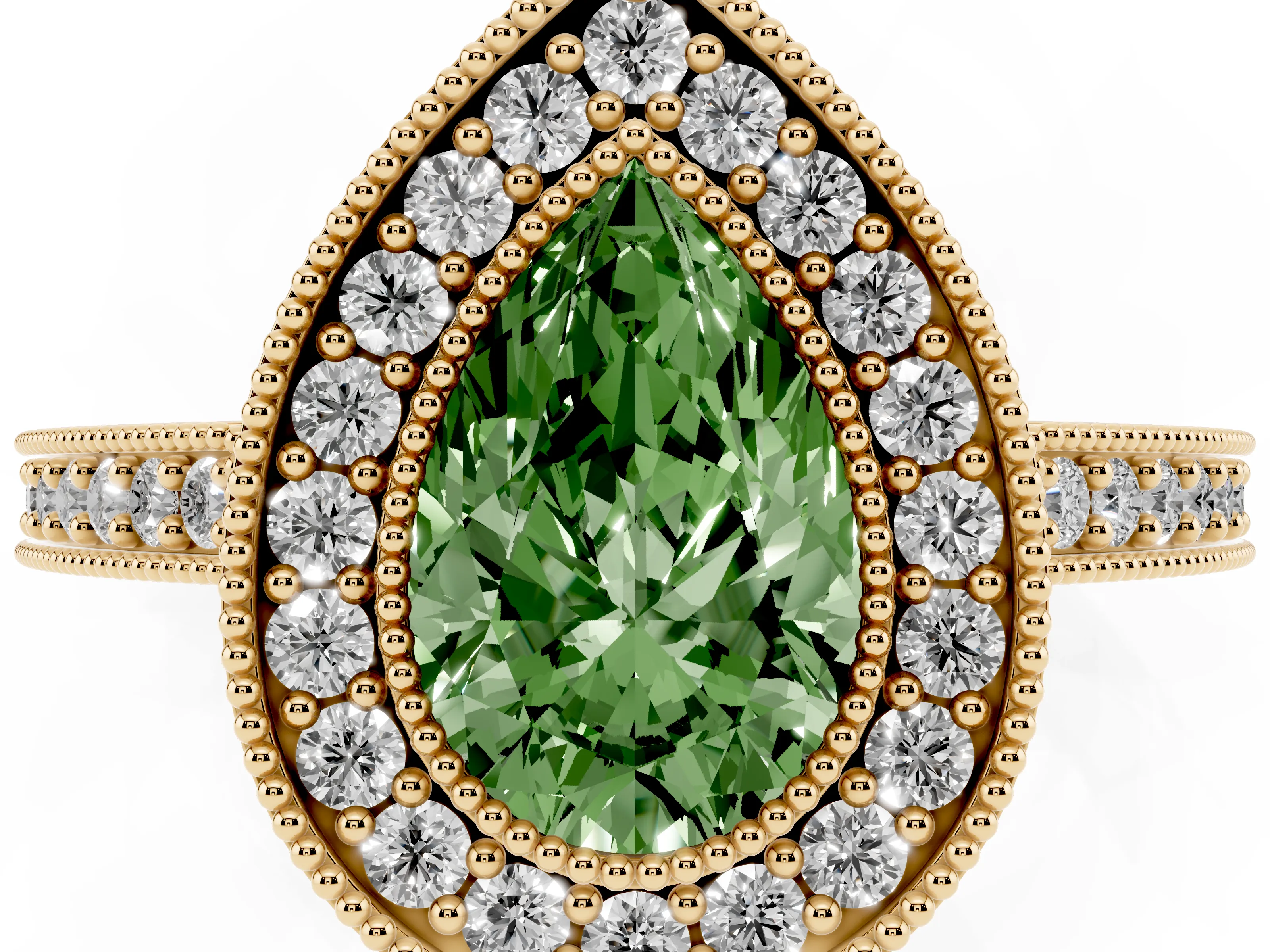 Fancy Green Pear Cut Diamond Halo Engagement Ring Set in Yellow gold with Pavé Band and Round Halo Stones