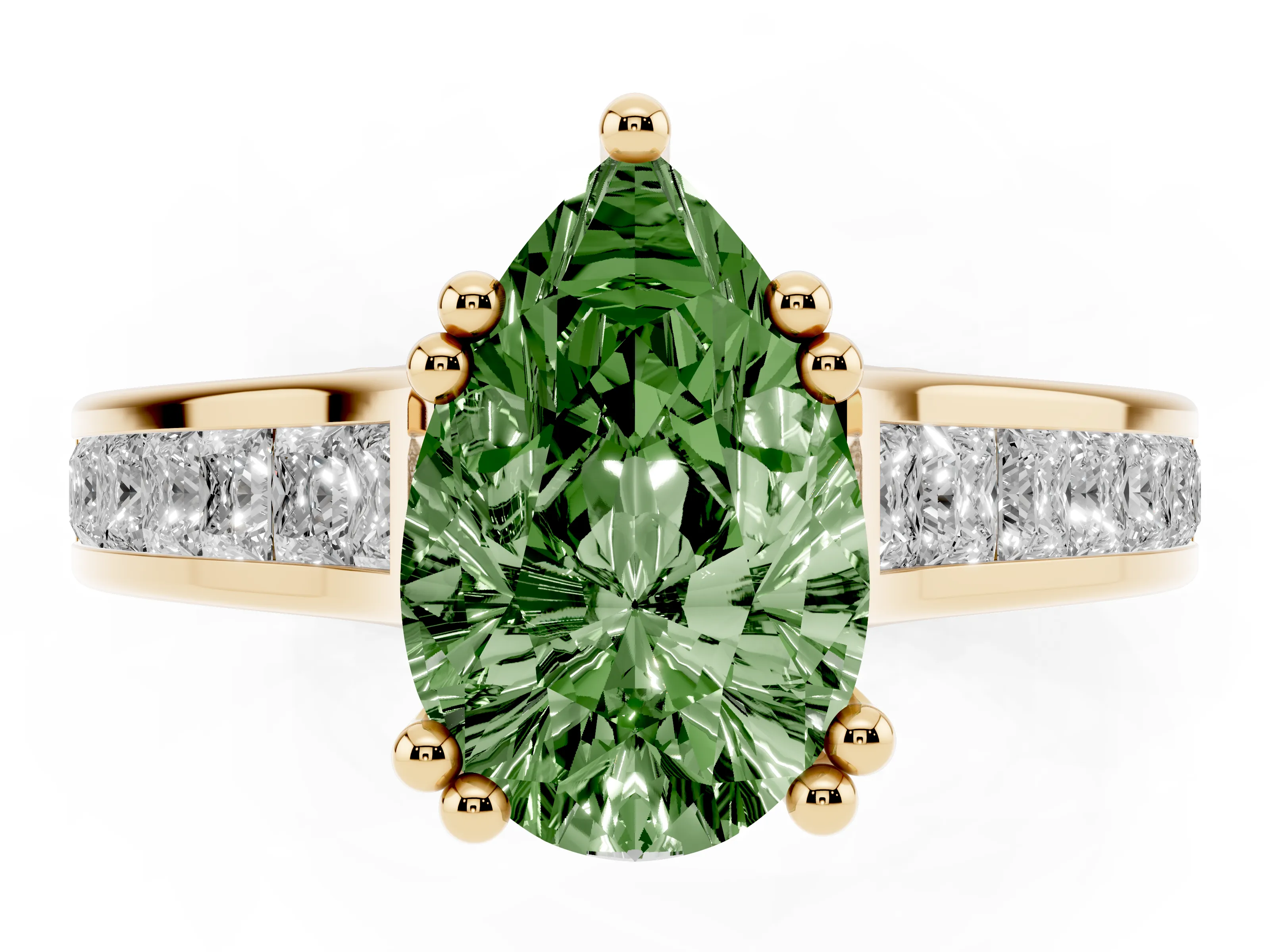 Fancy Green Pear Cut Diamond Channel Set Solitaire Engagement Ring Set in Yellow gold with Prong Setting